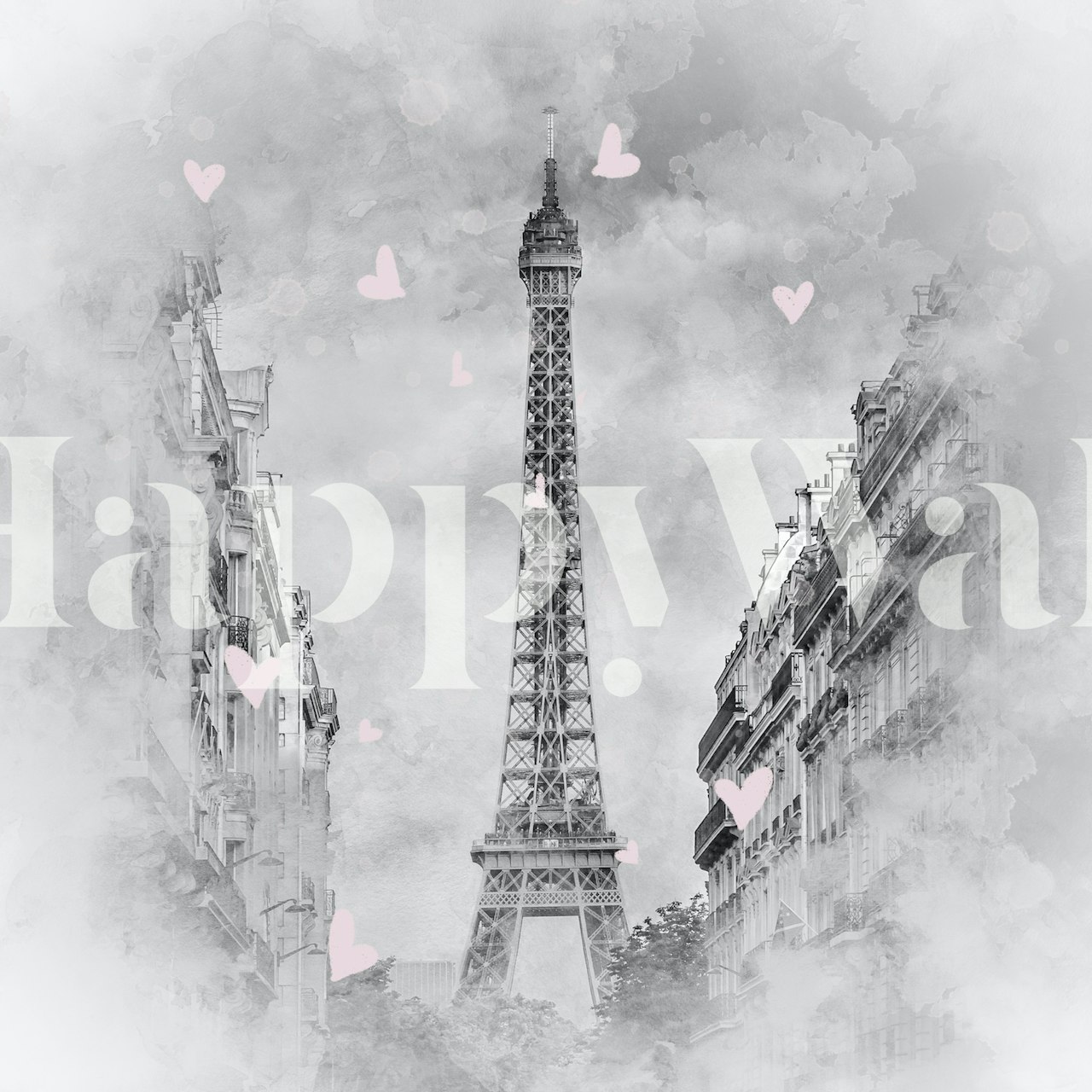 Monochromatyczna paryska fototapeta z różowymi sercami i Wieżą Eiffla