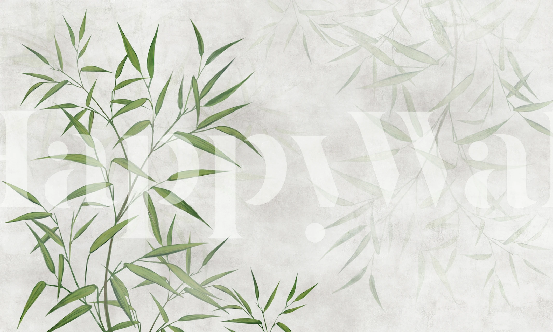 Grønne bambusblade mod et gråt betonbaggrundsvægmaleri