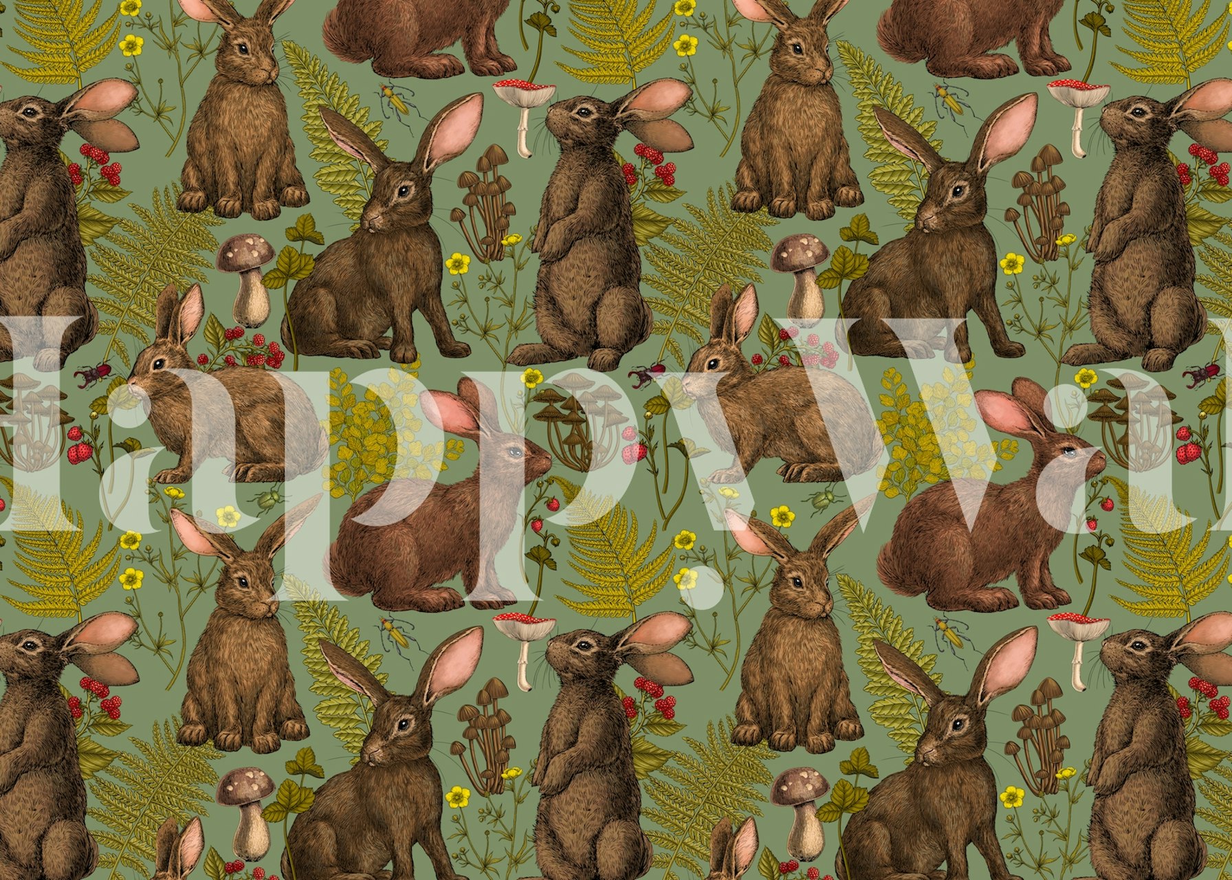 Carta da parati con motivi illustrati di conigli e piante boschive