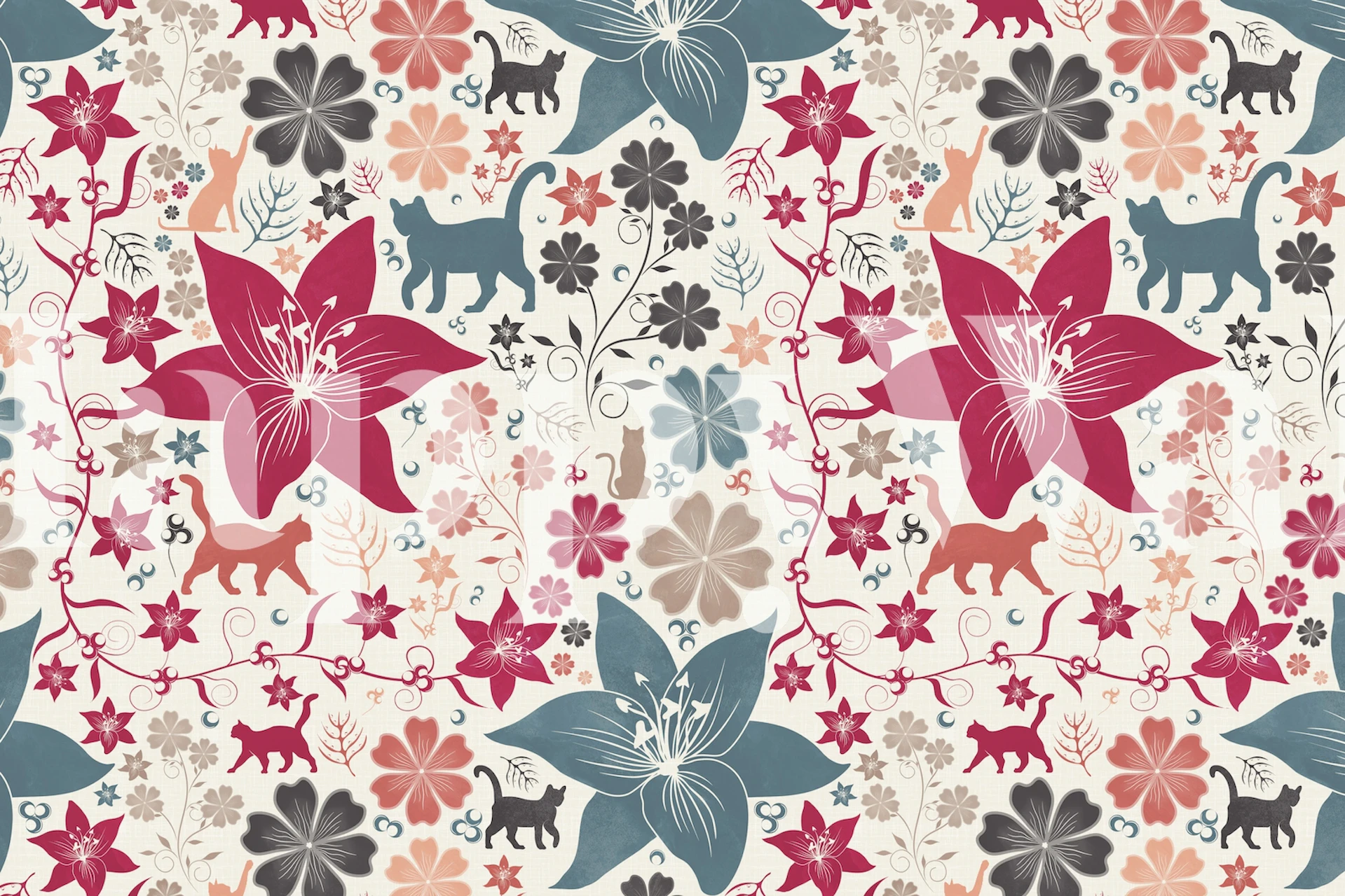 Cats and flowers in pink and teal pattern wallpaper