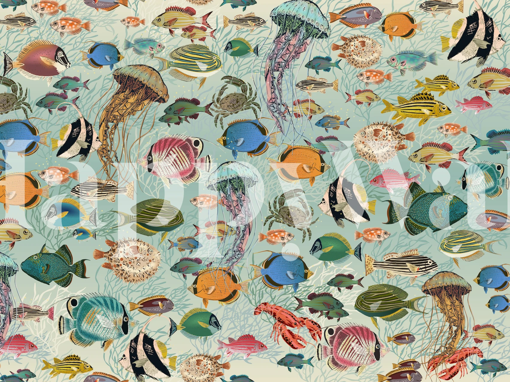 Colorful fish and jellyfish pattern in shades of blue and orange wallpaper