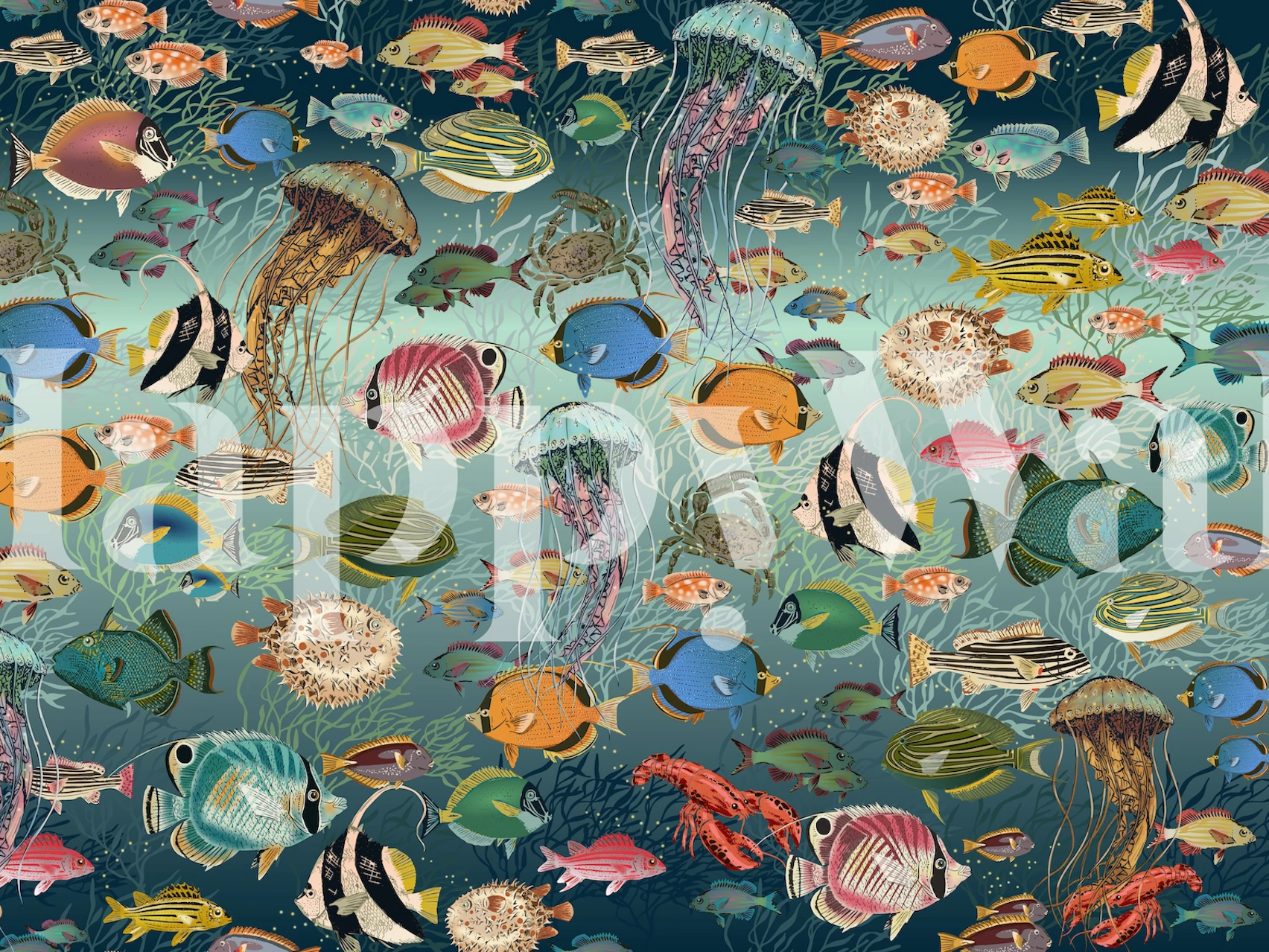 Colorful fish and jellyfish pattern in blue wallpaper