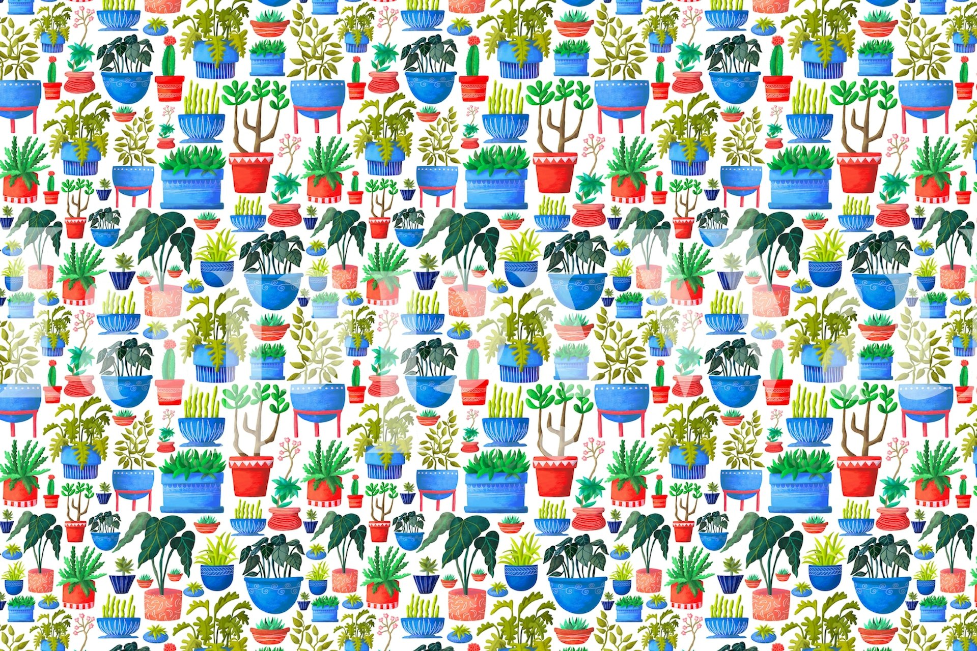 Zidna slika koja prikazuje ponavljajući uzorak sobnih biljaka u šarenim posudama na bijeloj pozadini