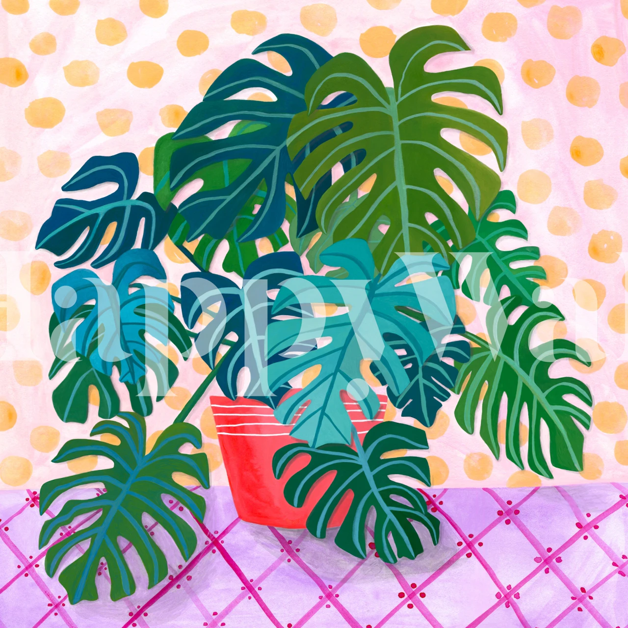 Artistic monstera leaves in a painted style with a pink polka-dotted background for a wall mural.