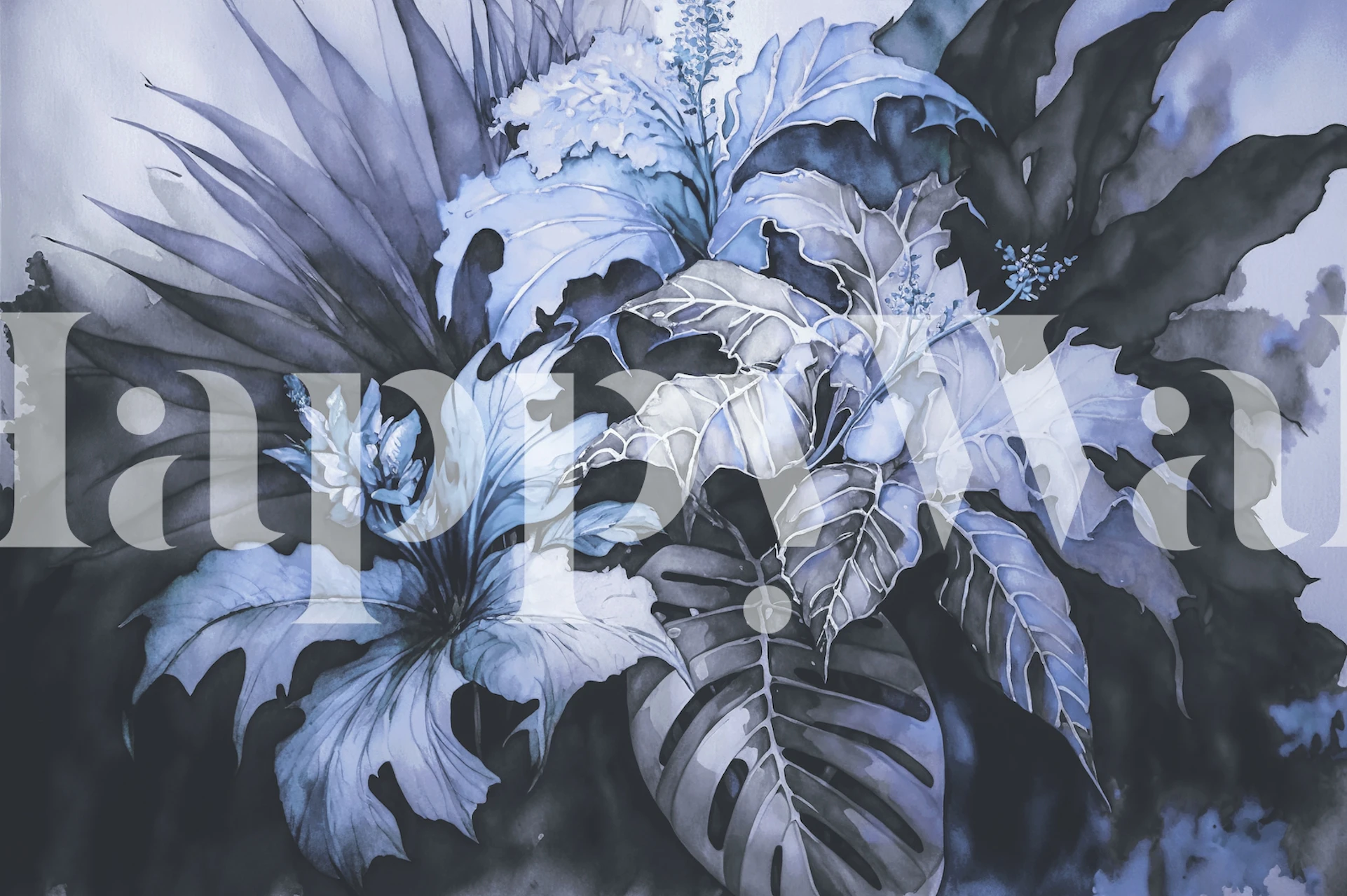 Upea Blue Midnight Jungle -seinämaalaus, jossa on tummansinisiä lehtikuvioita