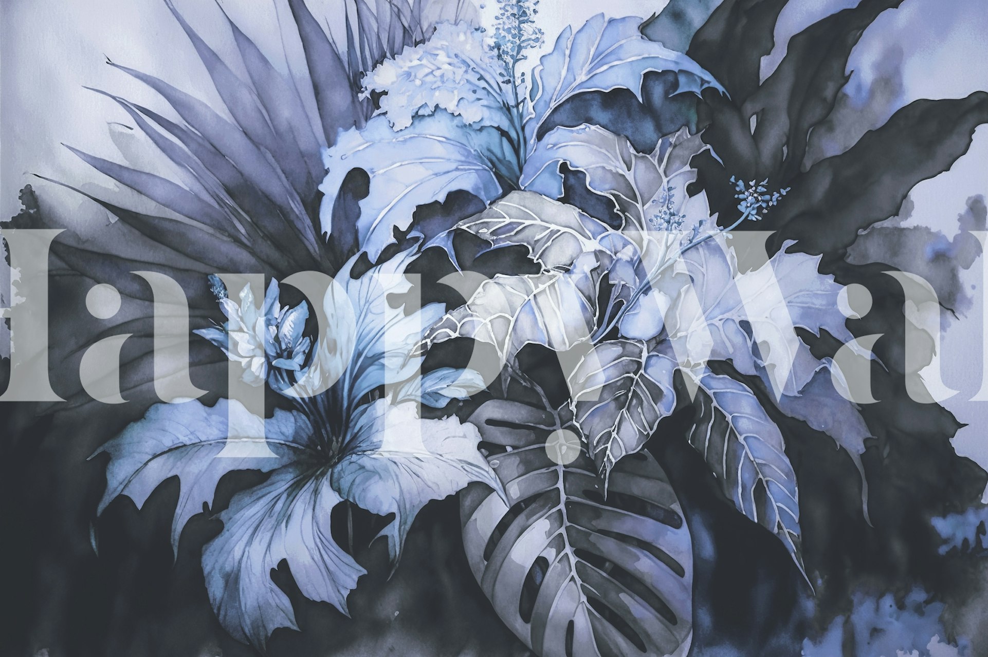 Un impresionante mural de pared de Blue Midnight Jungle con patrones de follaje azul oscuro