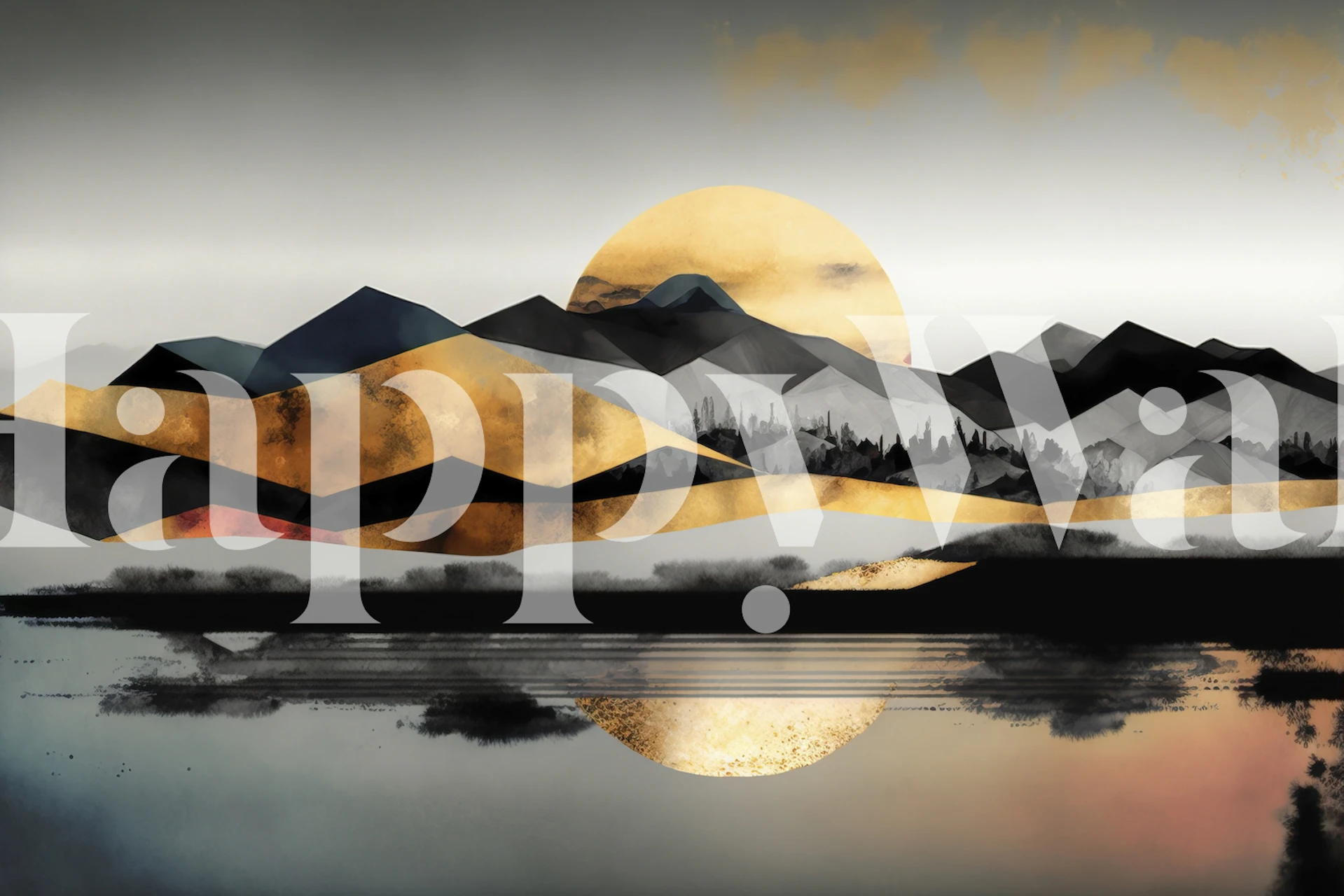 Gold and black mountain landscape wallpaper with a serene sun