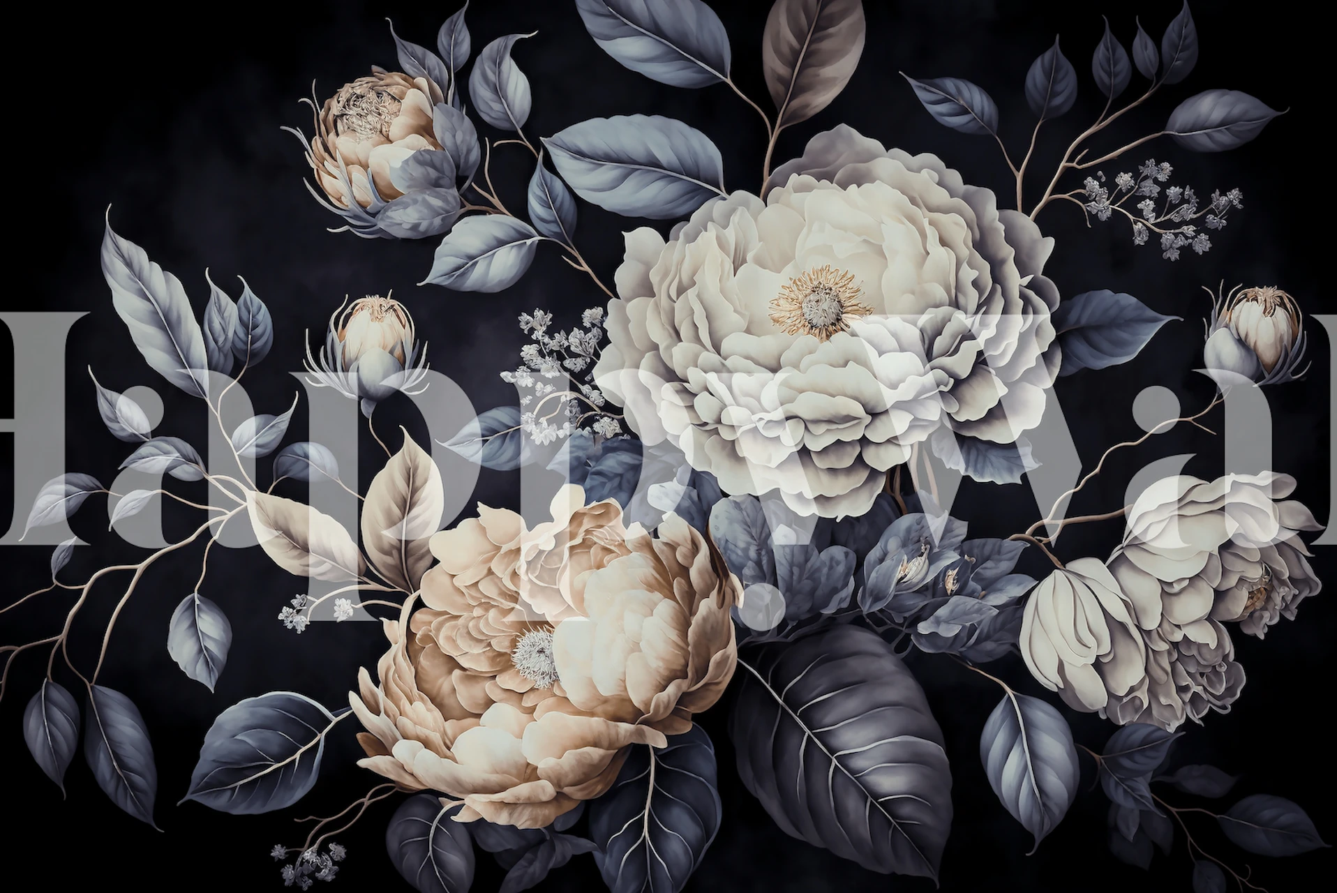 Large floral design with pale flowers and dark leaves wallpaper
