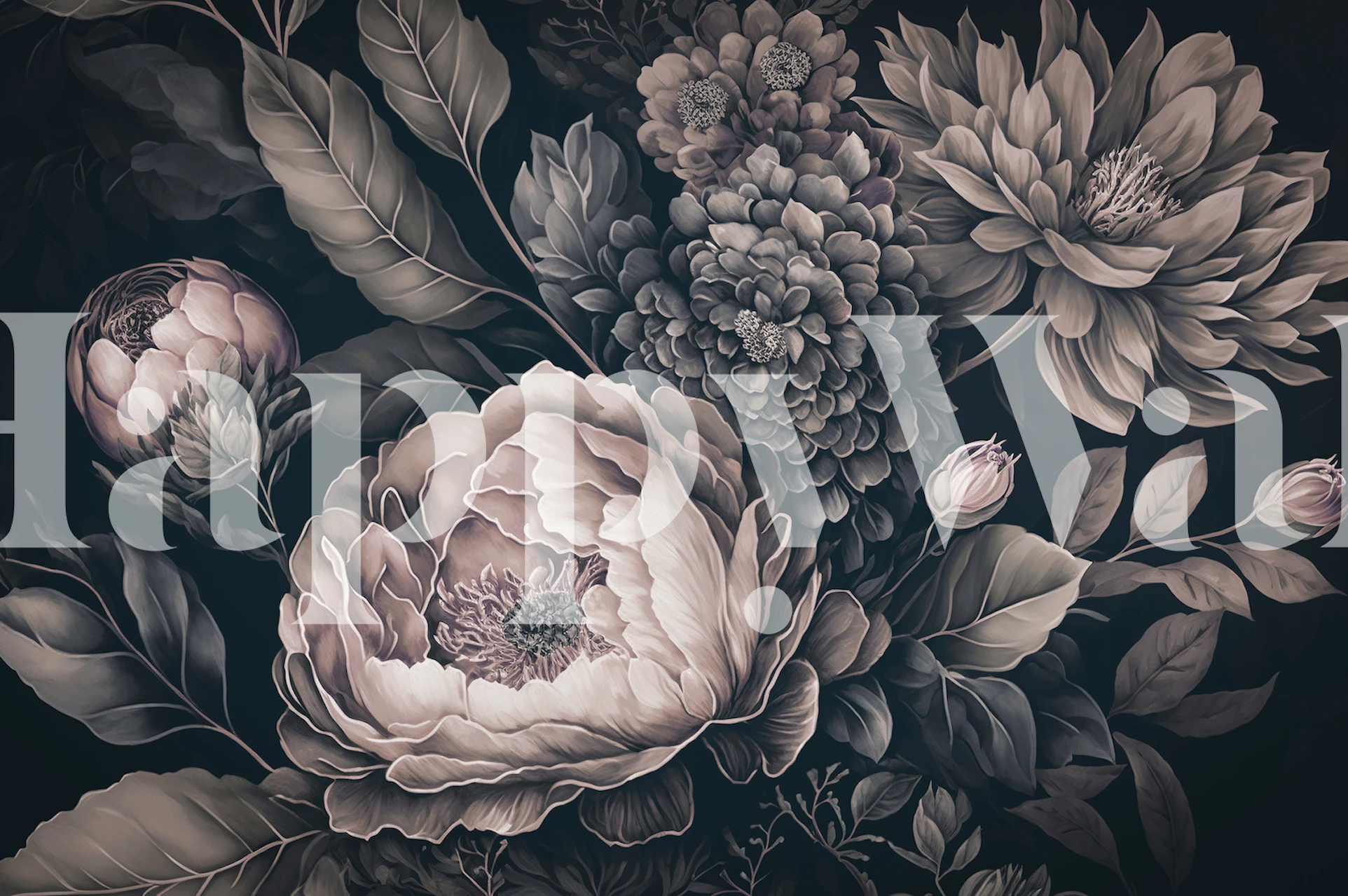 Large pink and white flowers with dark leaves wallpaper