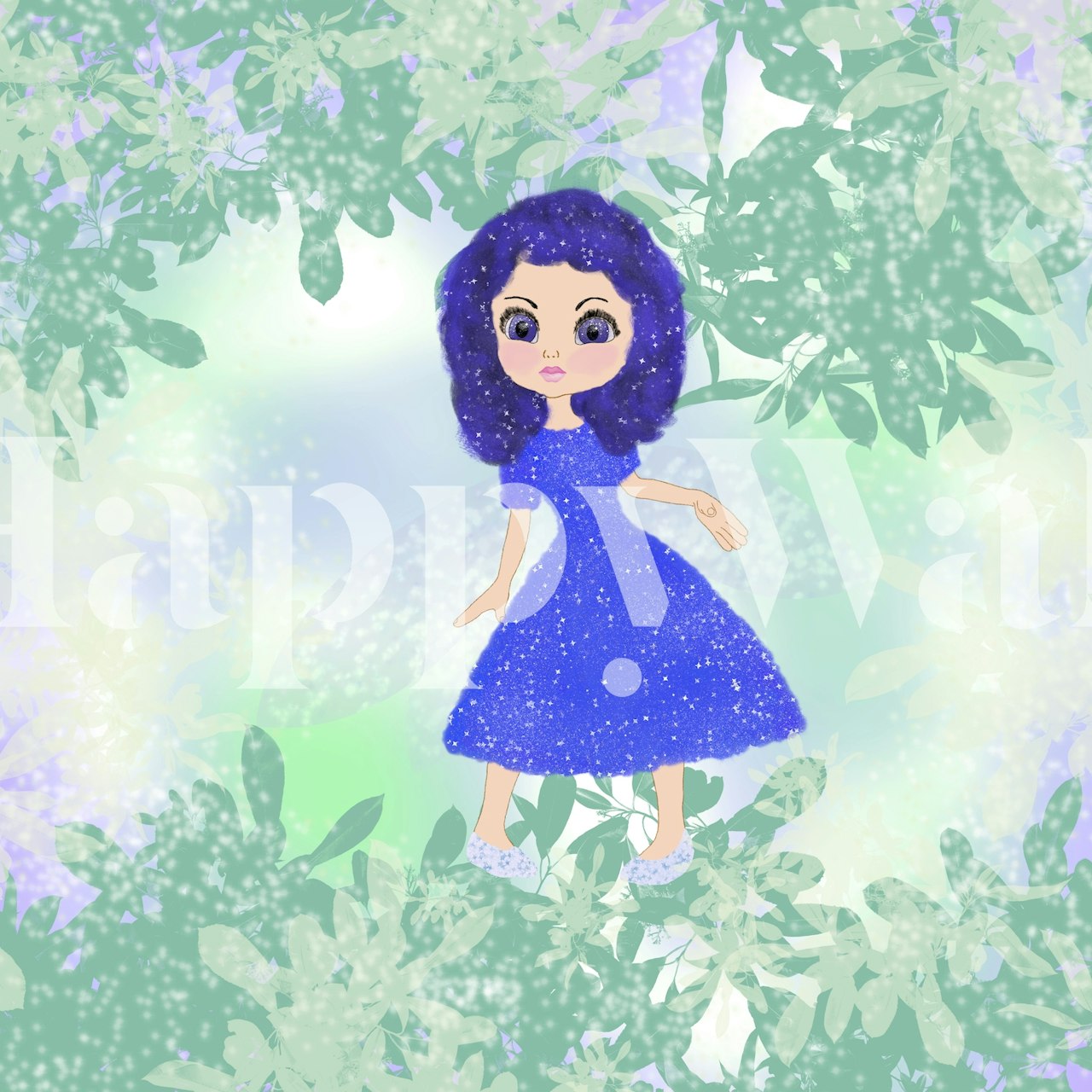 Blue fairy character surrounded by green leaves wallpaper