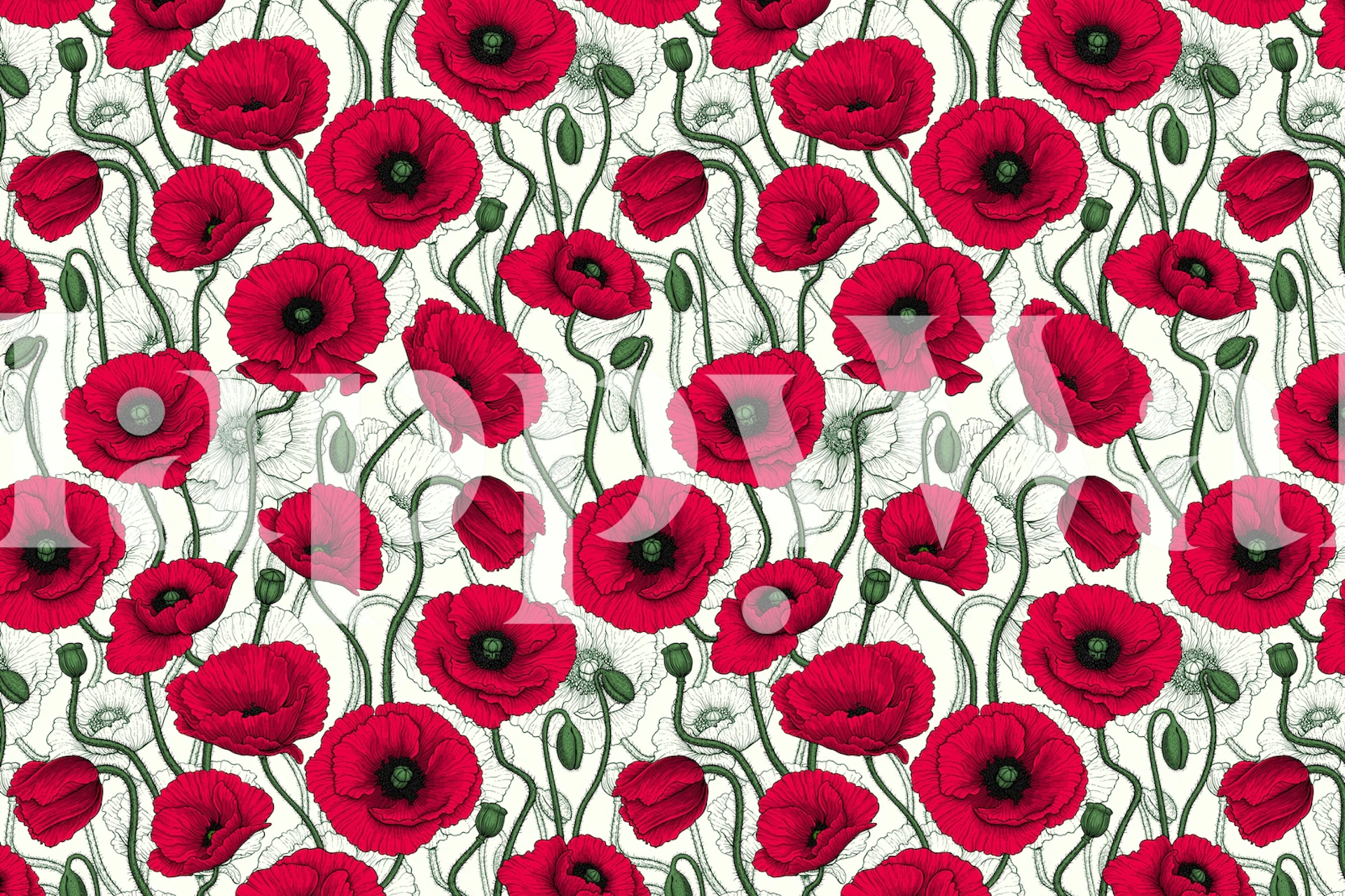 A wall mural with a pattern of red poppies with green stems on a soft background.
