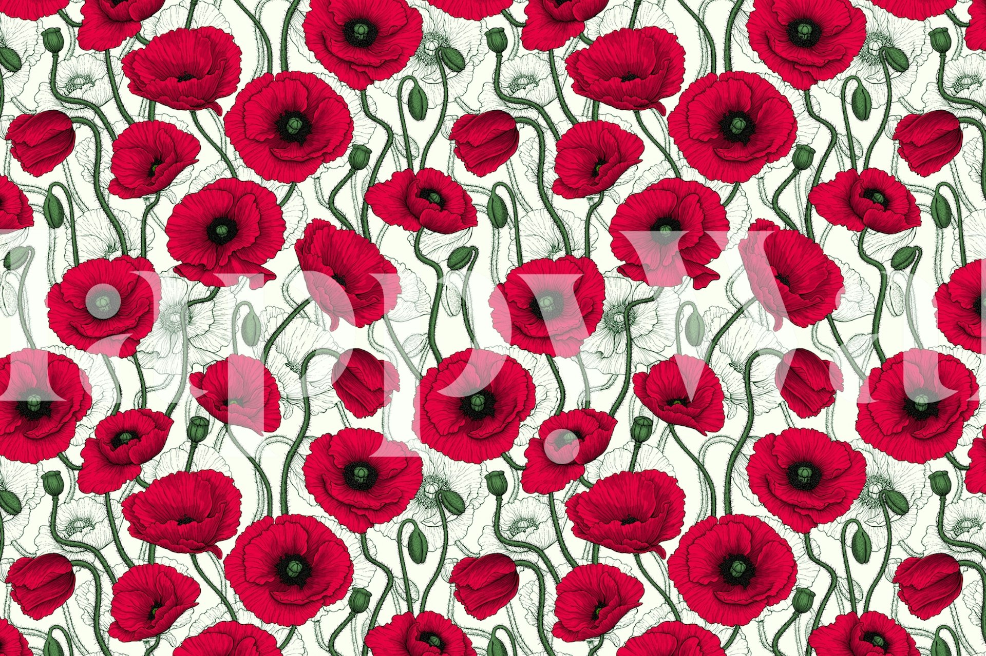 A wall mural with a pattern of red poppies with green stems on a soft background.