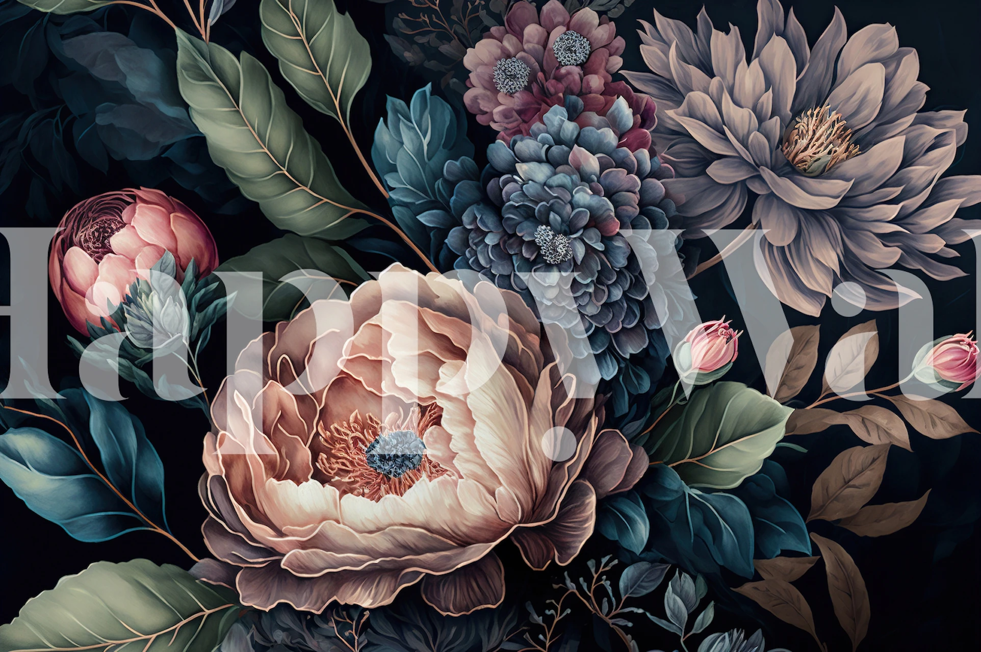 Moody Baroque style large floral wall mural with dark background and richly-hued flowers
