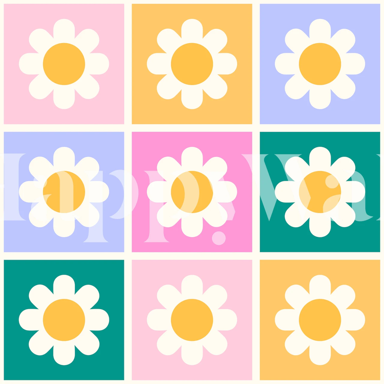 Pastel floral daisy pattern in pink, yellow, green and blue wallpaper.