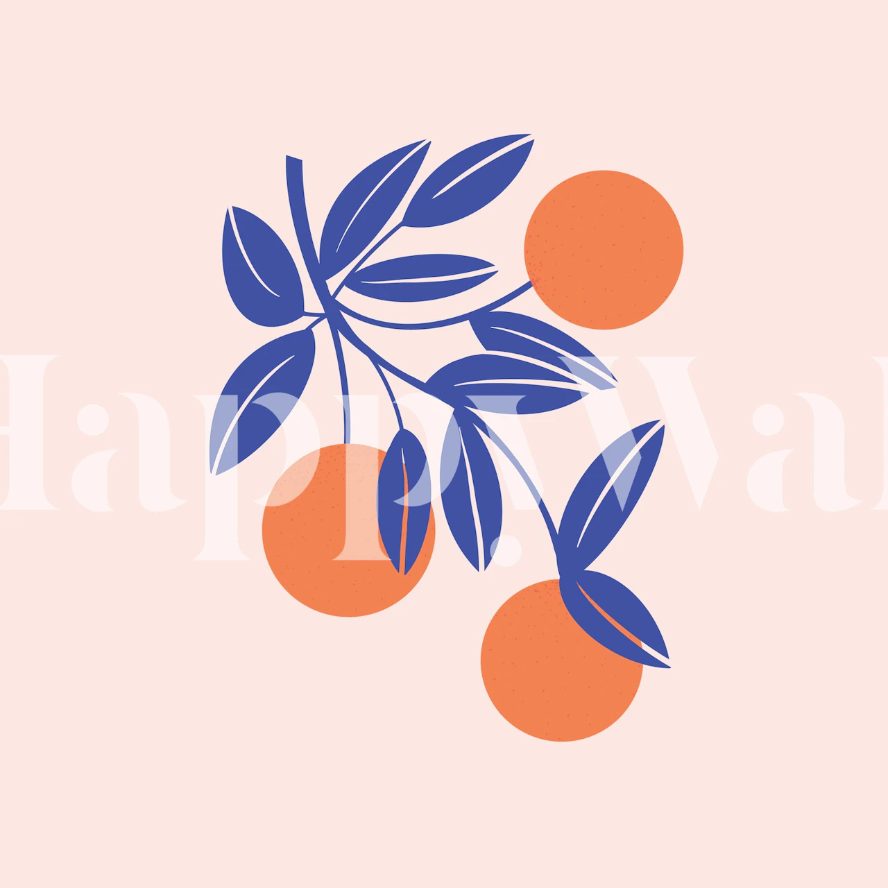 Illustration of orange fruits with blue leaves on a light background, wall mural Cheerful Oranges