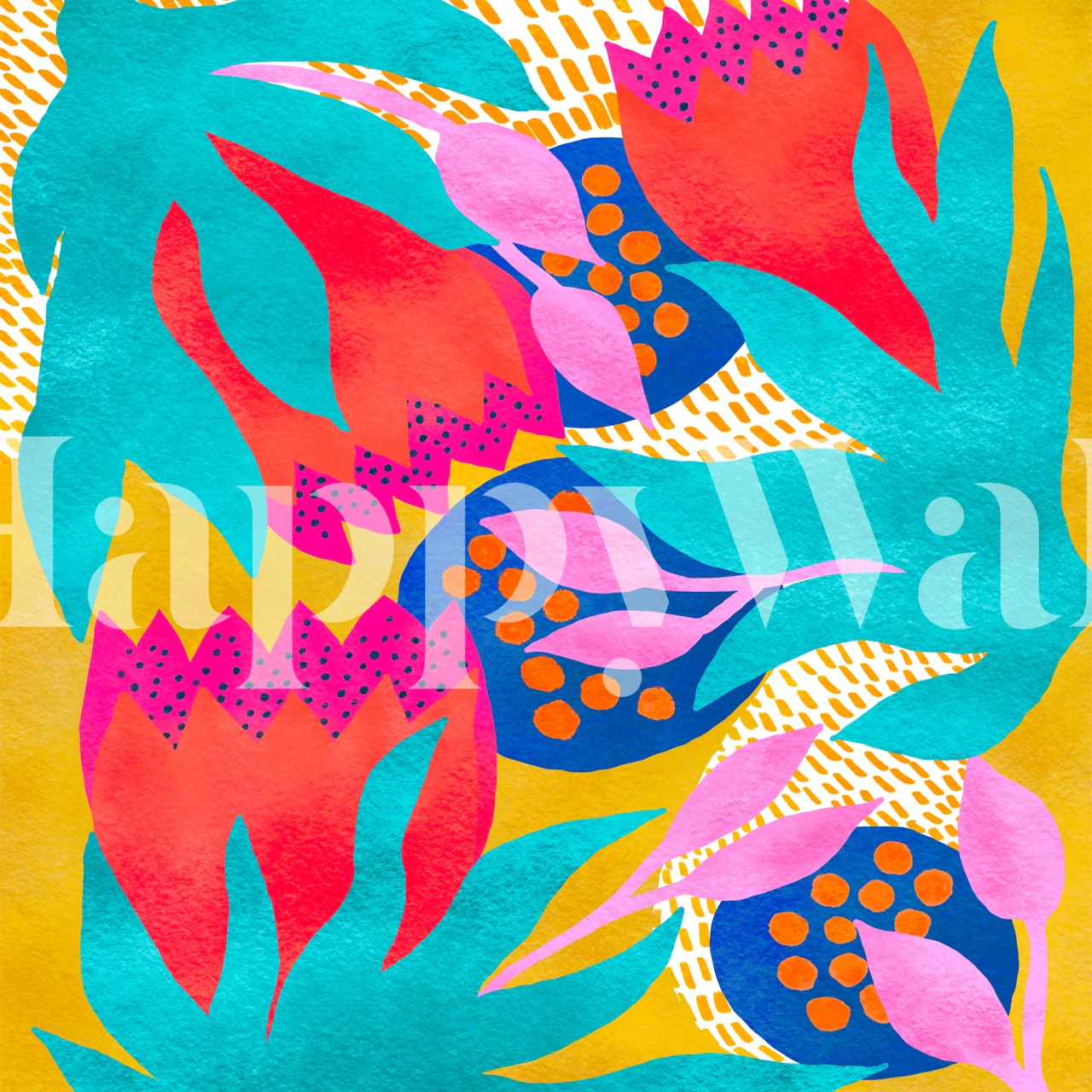 Bold floral design with pink, orange, and blue elements on yellow background wallpaper