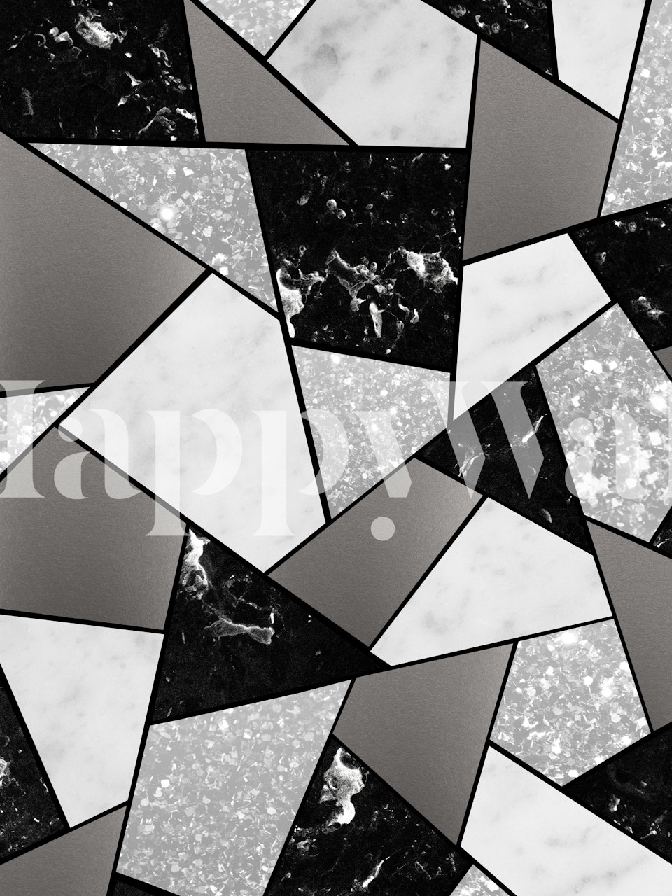 Muurschildering met abstract geometrisch patroon met zwarte, witte en glitteraccenten