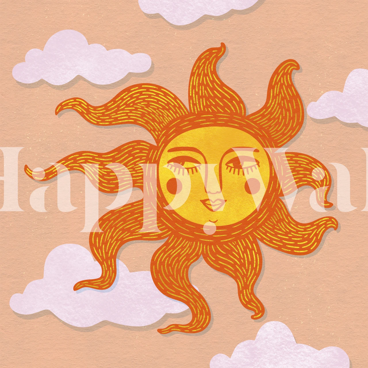 Happy sun illustration with orange rays and pink clouds wallpaper