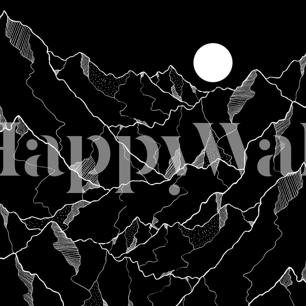 Monokrom fjelltopper veggmaleri med måne