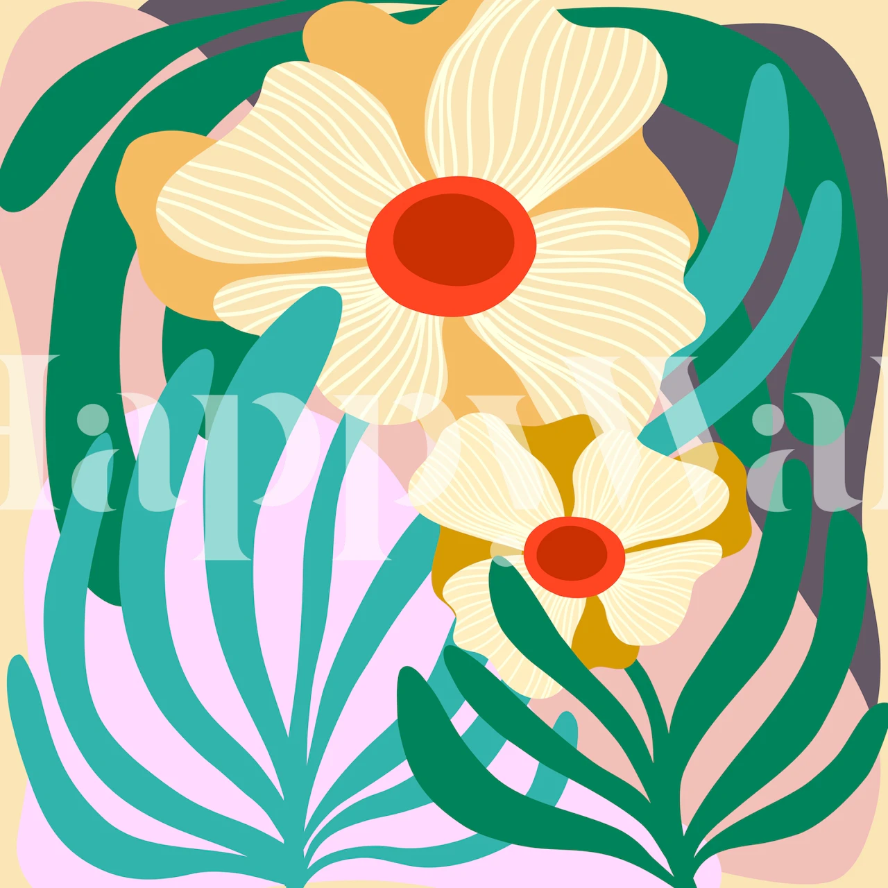 Colorful floral pattern with yellow flowers and green leaves wallpaper