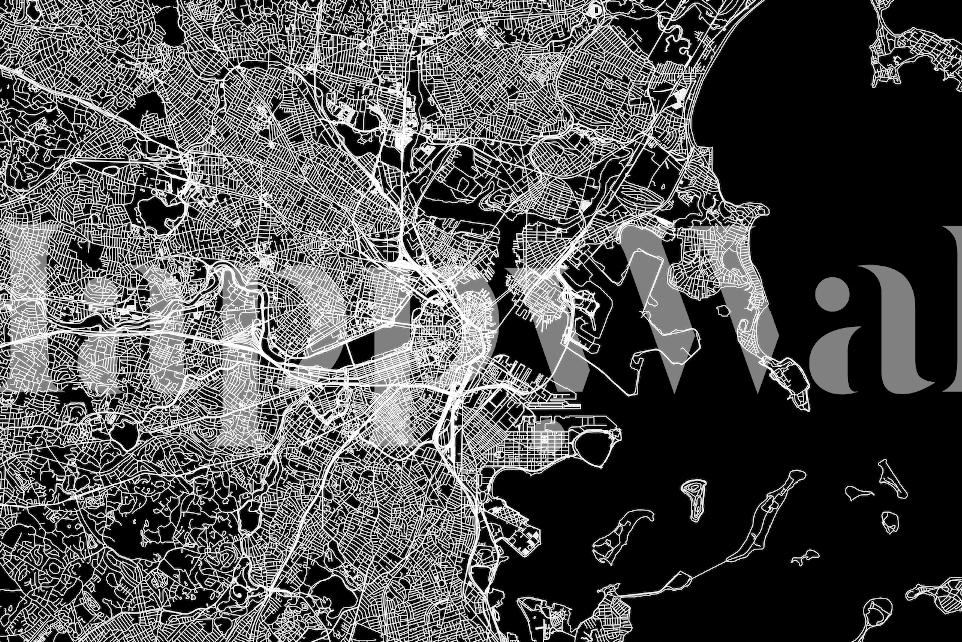 Black and white map of Boston featuring streets and waterfront, wallpaper