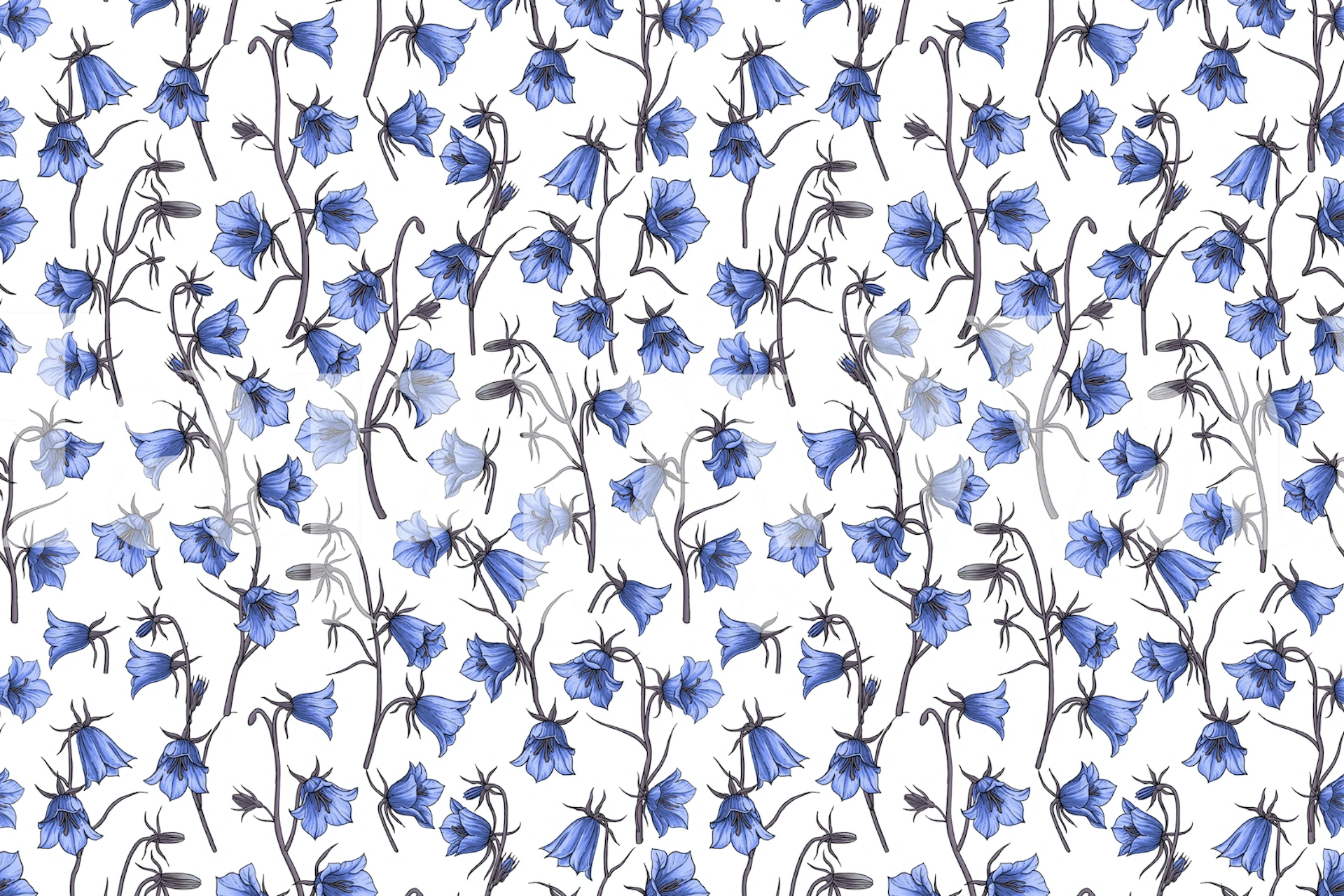 Blue bellflower pattern on white background wallpaper