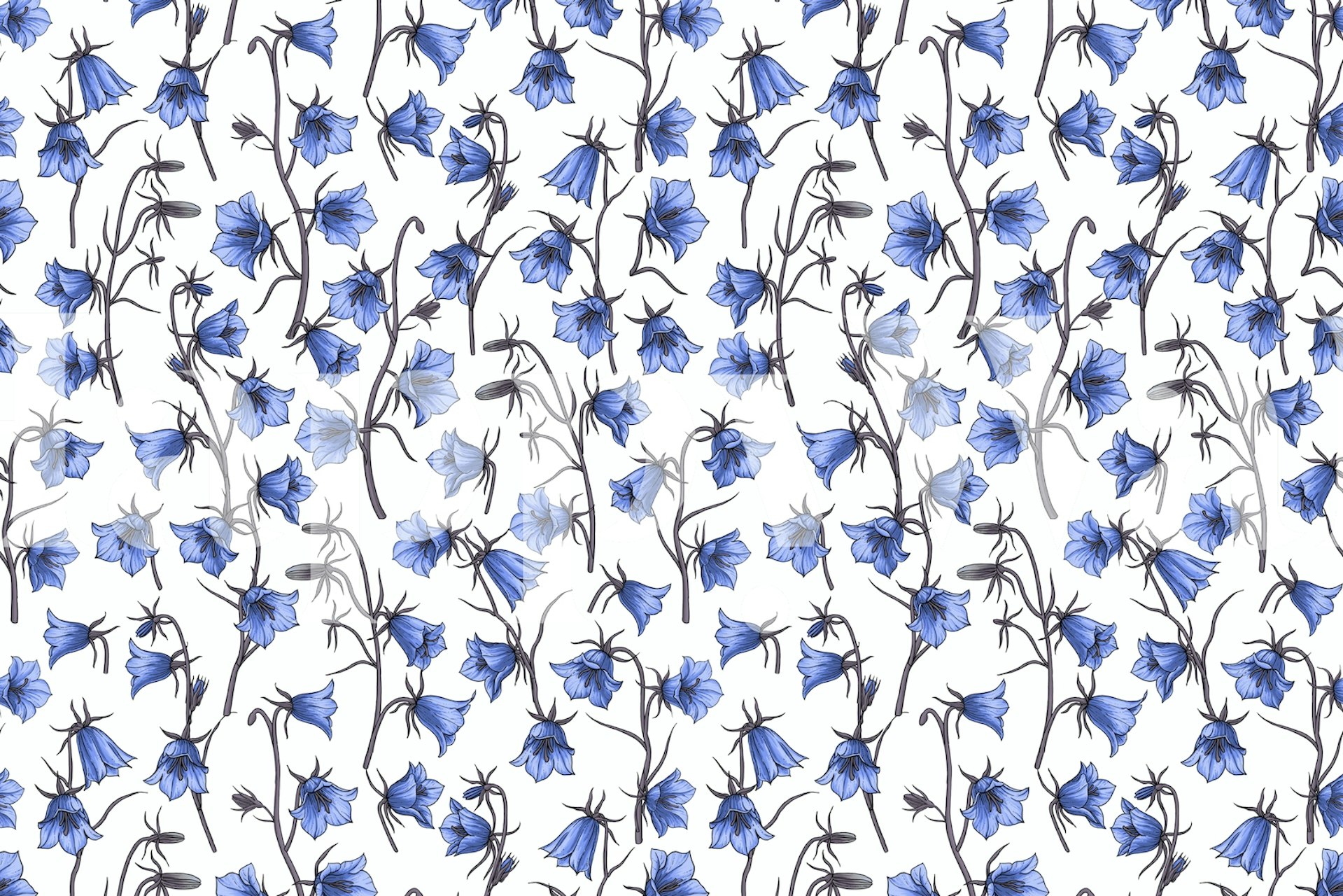 Blue bellflower pattern on white background wallpaper