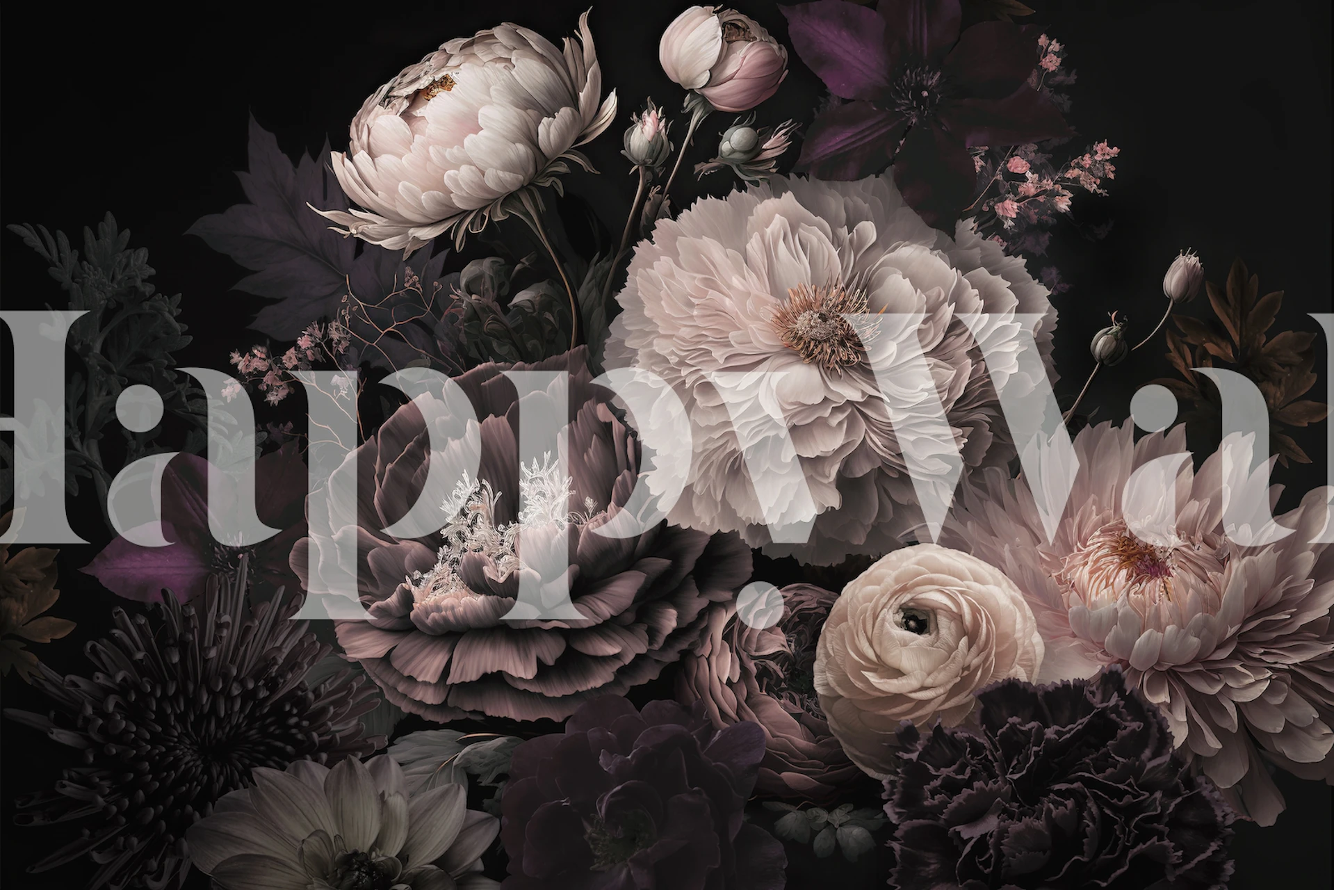 Dark moody floral wallpaper featuring peonies and blossoms in deep tones