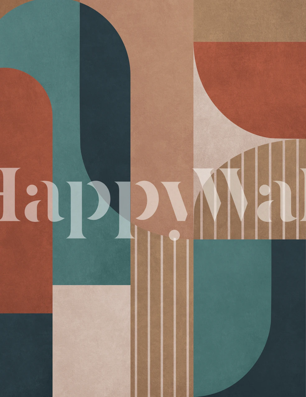 Geometric shapes in earthy tones of blue, terracotta, and beige wallpaper