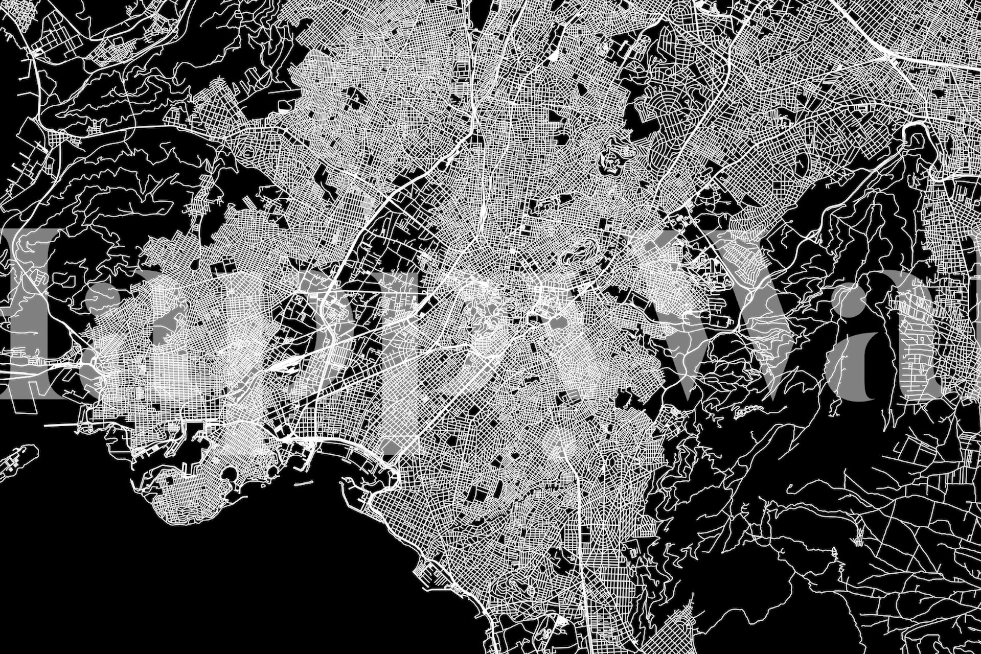 Mural monocromático detalhado de mapa de ruas de Atenas, perfeito para adicionar um toque urbano aos interiores.