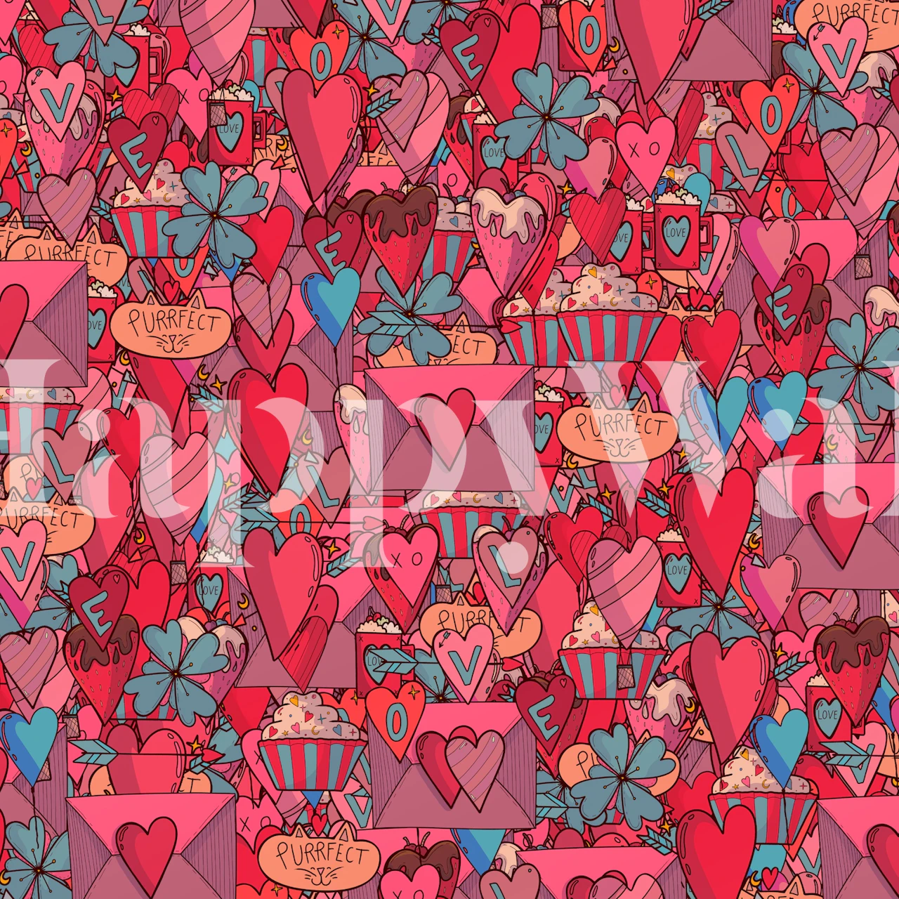 Muurschildering met Valentijnsdag-thema met hartpatronen en romantische symbolen