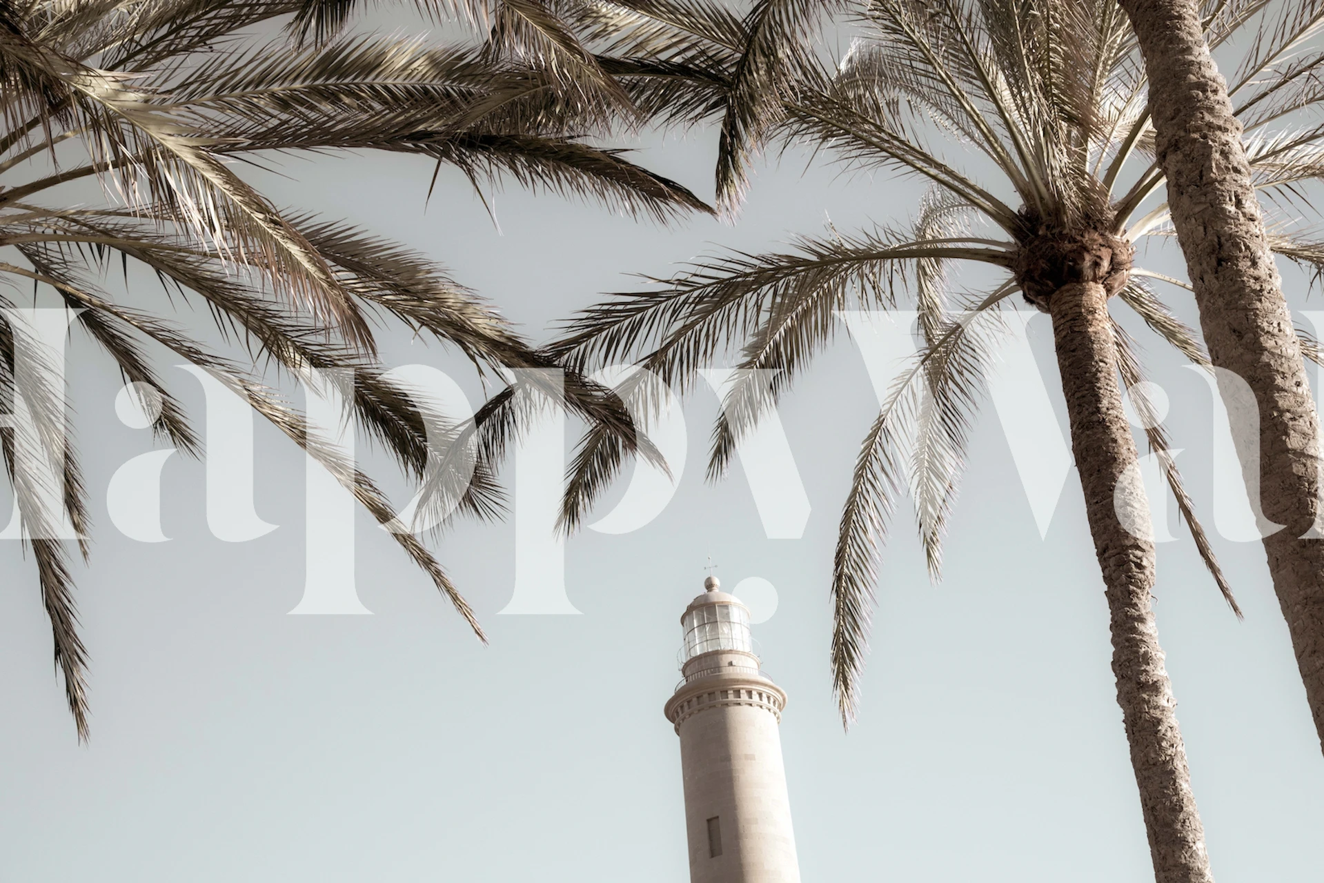 Lighthouse surrounded by palm trees against a light background wallpaper