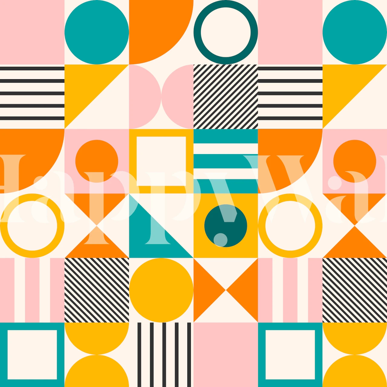 Geometric shapes in teal, orange, pink, and black wallpaper