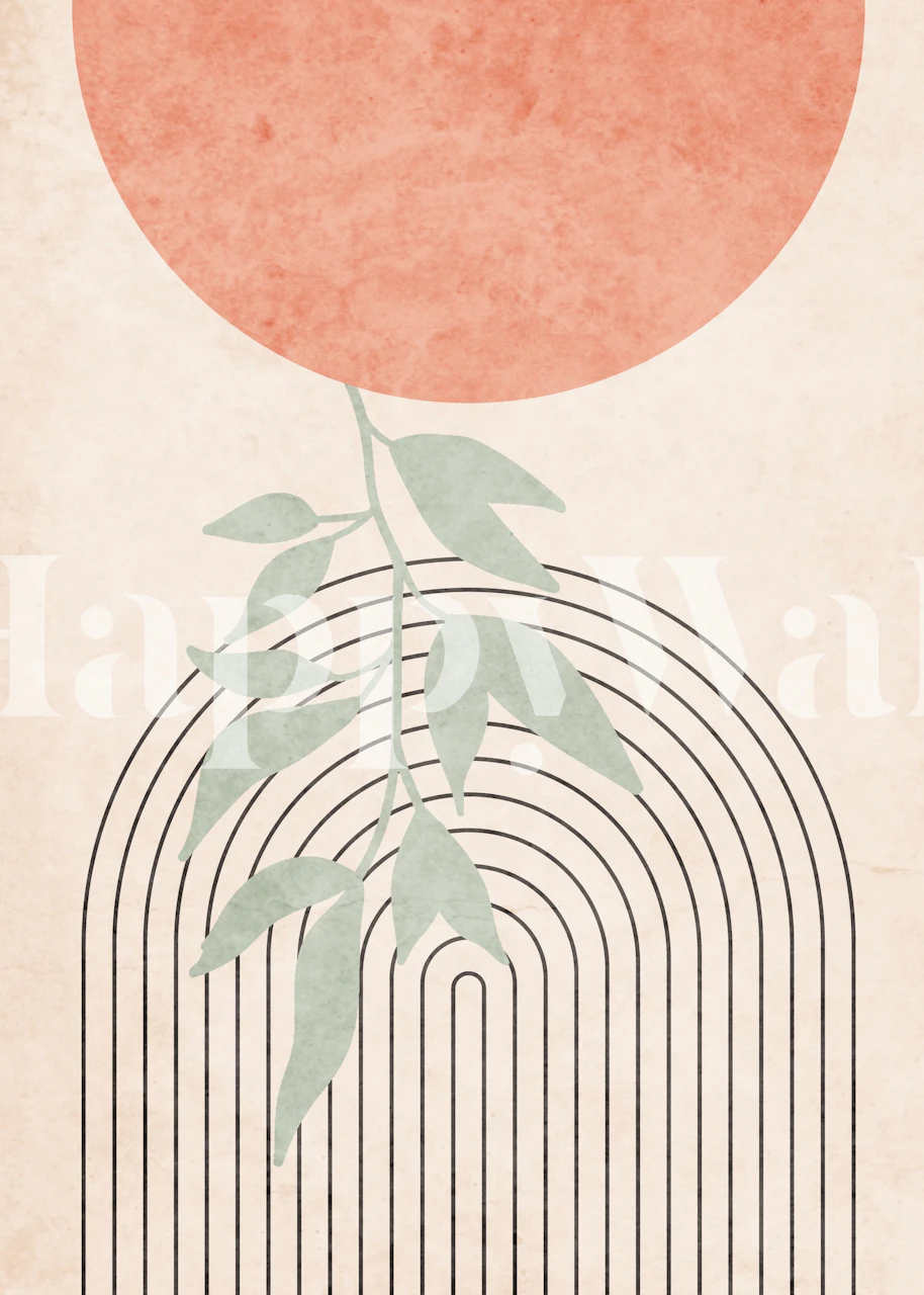 Abstract design with a large red circle, green leaves, and black lines wallpaper