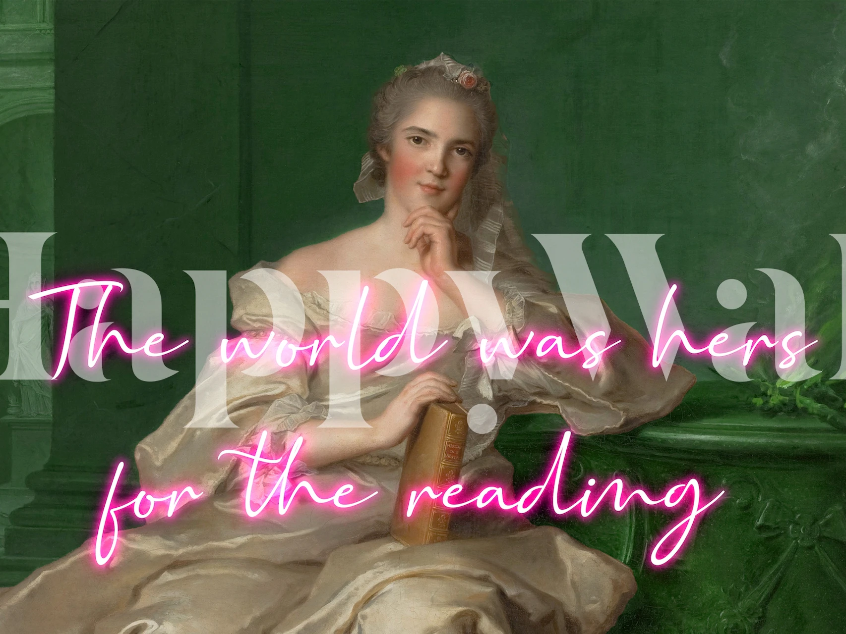 Elegante lezende vrouw met The world was hers for the reading quote muurschildering