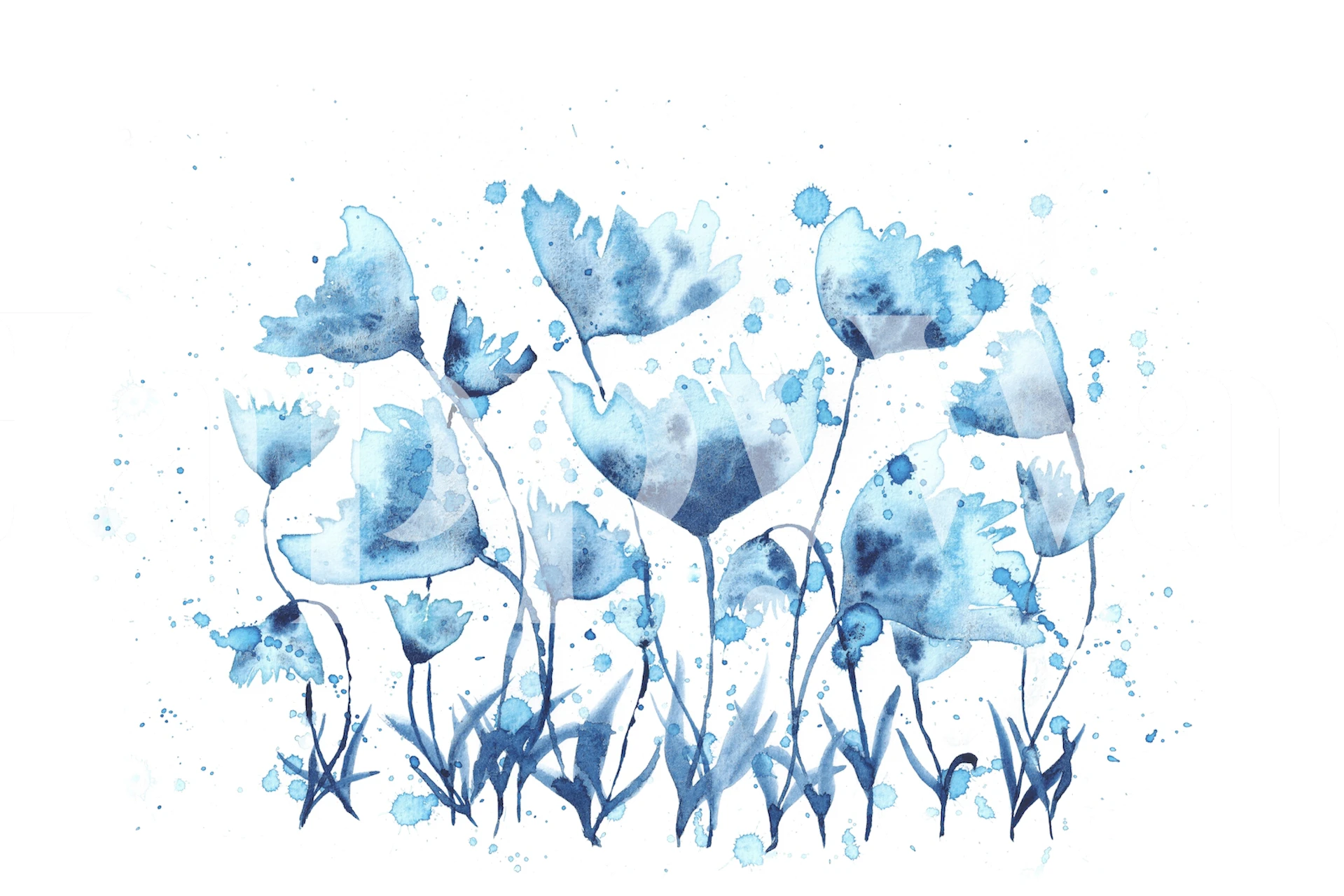 Blue watercolor floral design with various flowers and splashes wallpaper