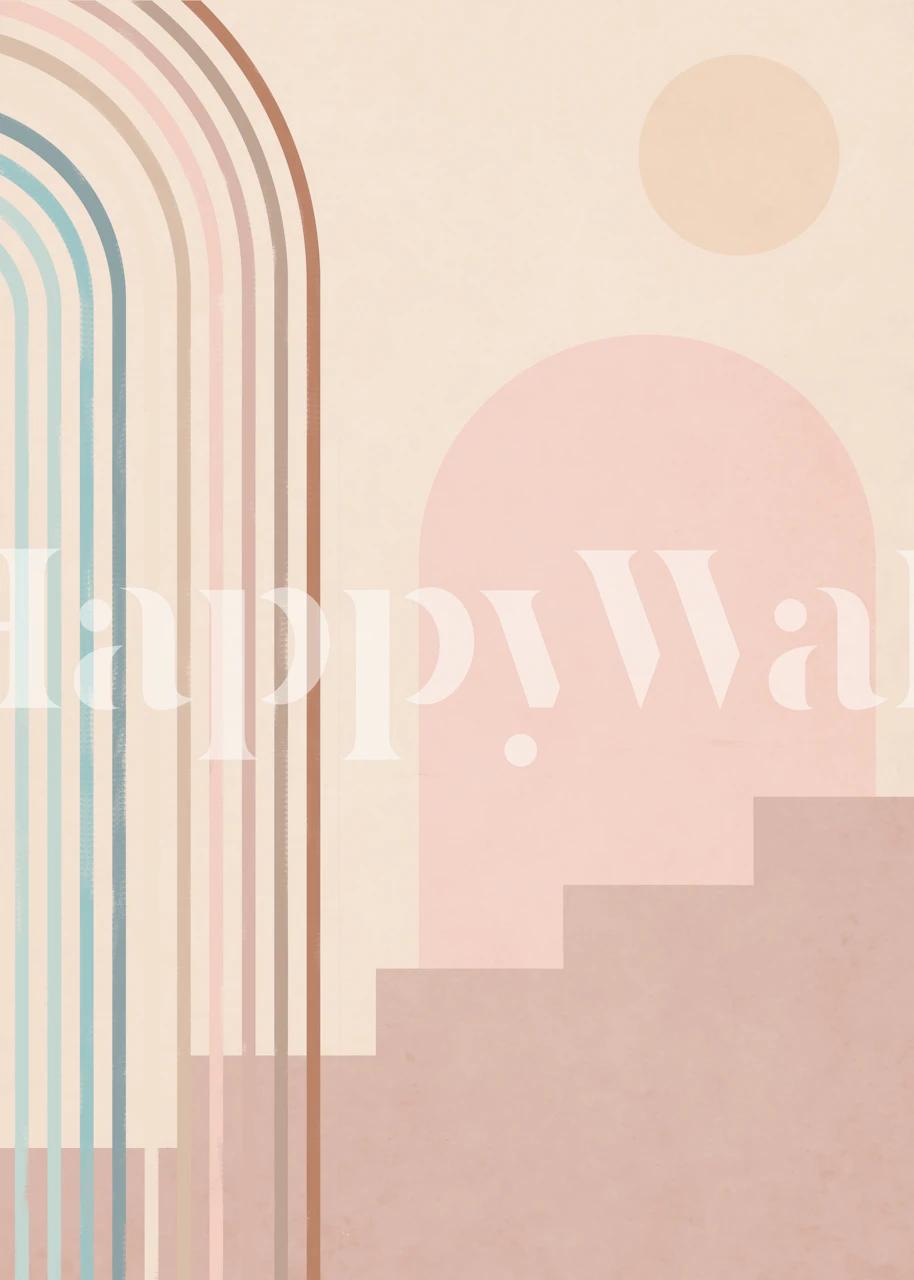Abstract Moroccan Arch wall mural with pastel pink and blue tones and geometric shapes