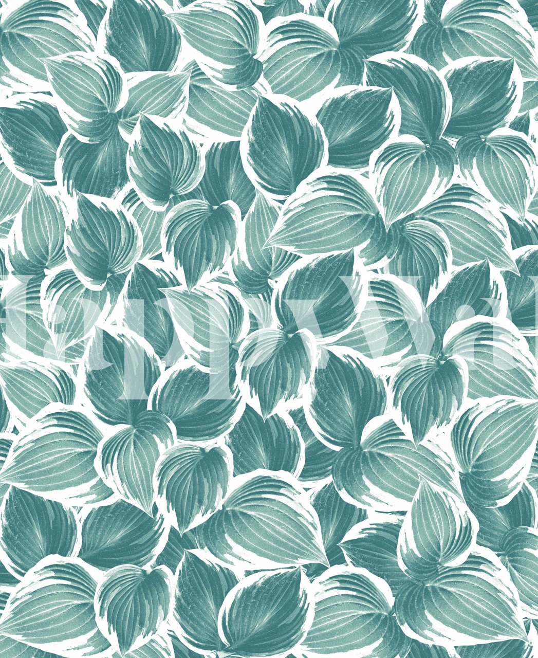 Botanical teal leaves pattern on a white background wall mural