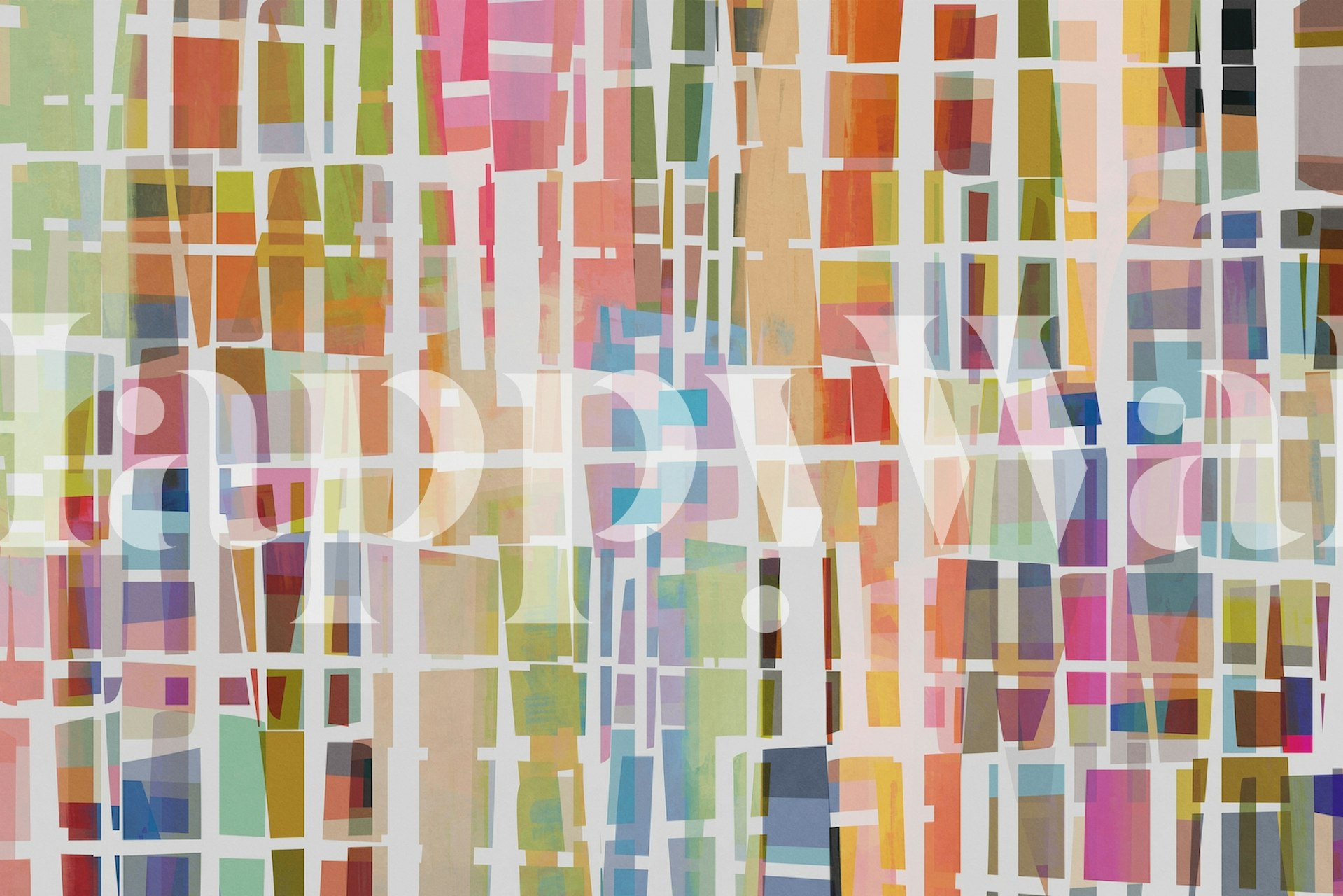 Papel de parede com padrão de blocos coloridos em uma sala