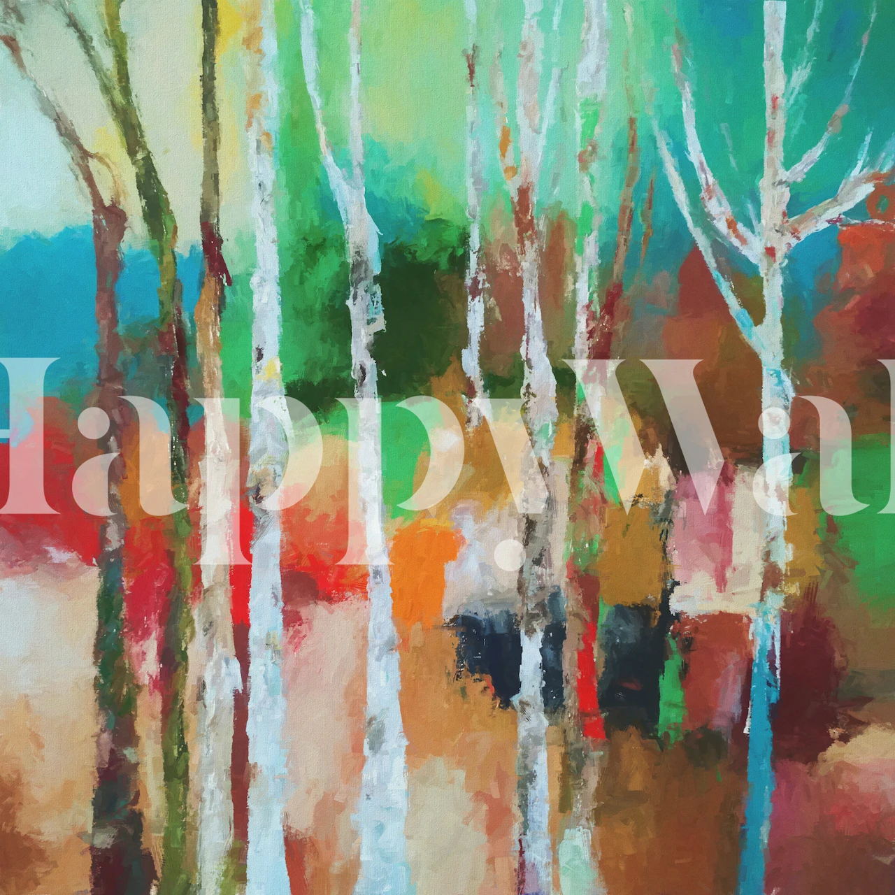 Abstract autumnal grove with vibrant colors, green, red, and orange patterns wallpaper