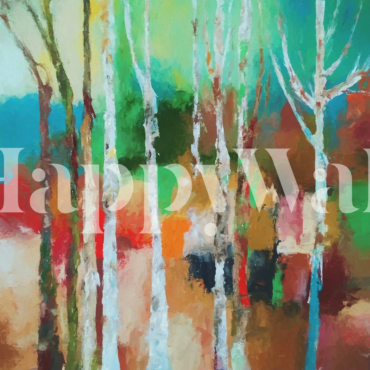 Abstract autumnal grove with vibrant colors, green, red, and orange patterns wallpaper