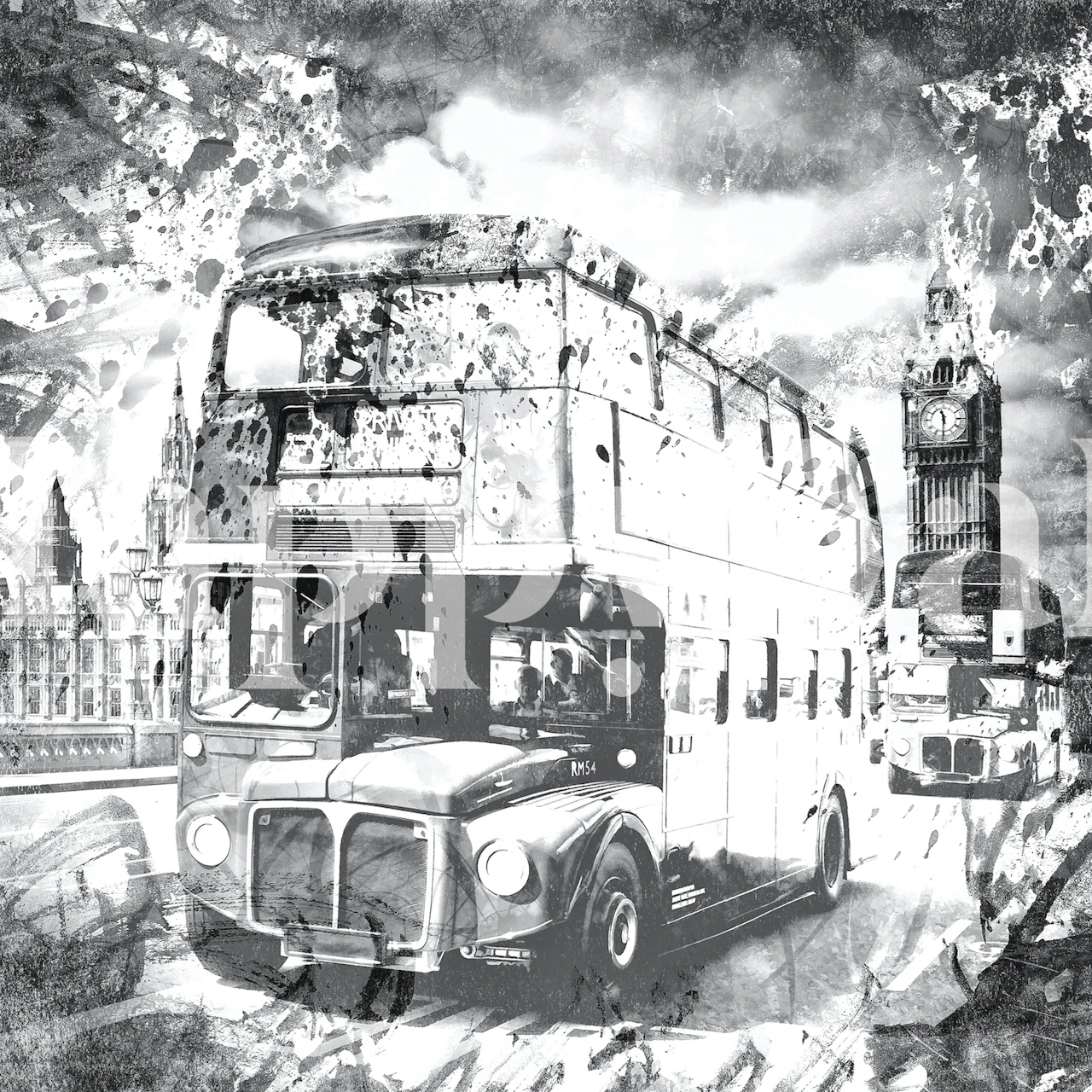London bus and Big Ben monochrome wallpaper