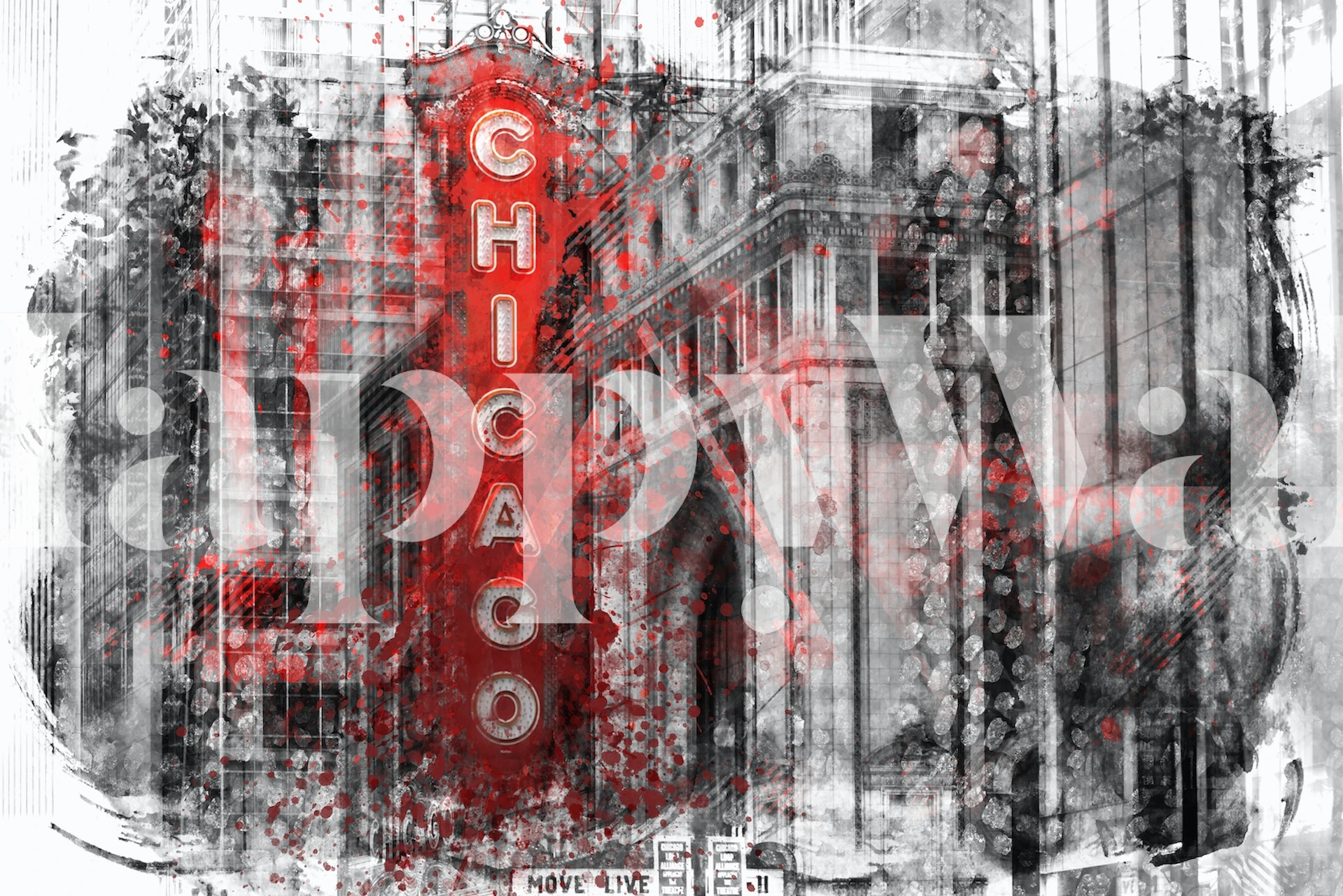 Black and white cityscape with red 'CHICAGO' sign wallpaper