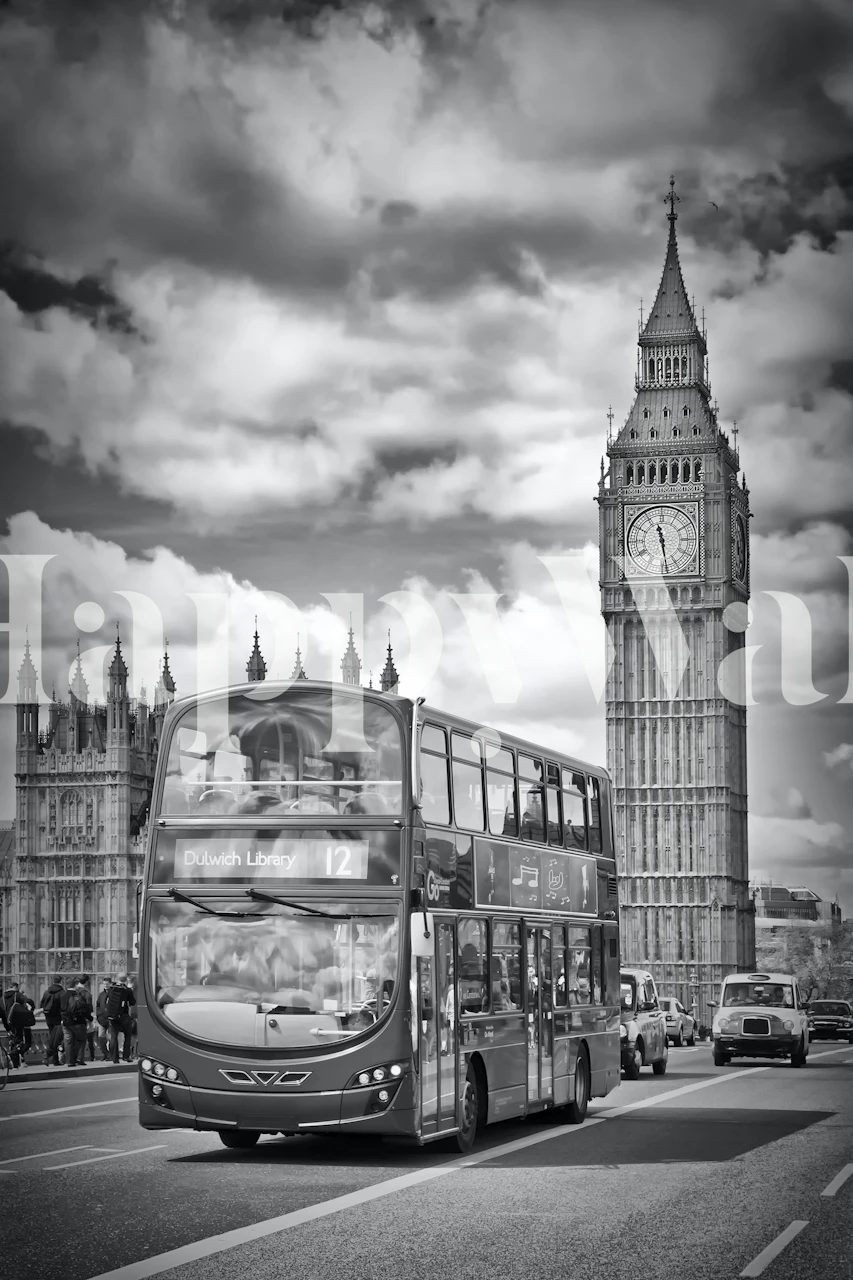 Black and white London bus passing Big Ben wall mural
