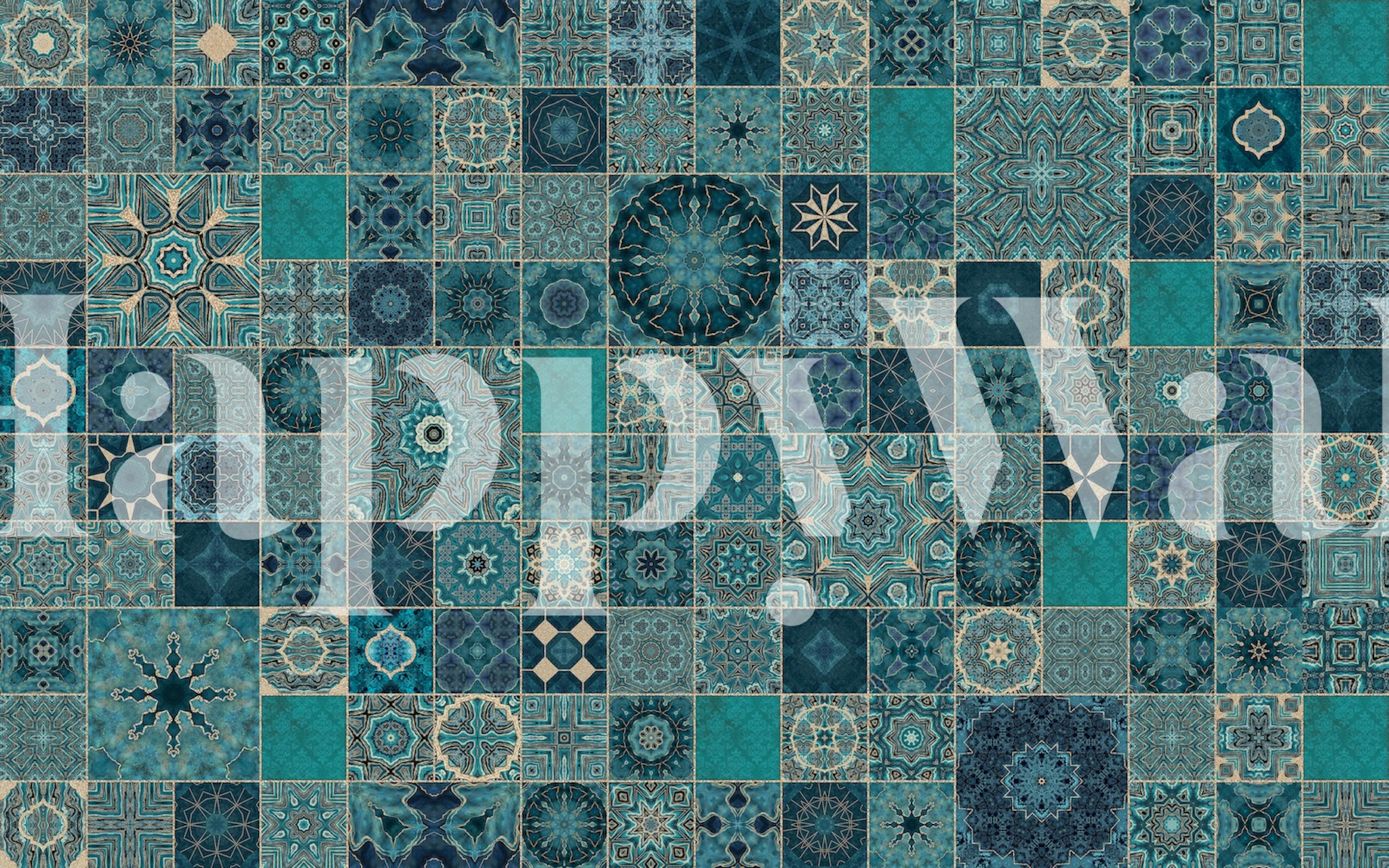 Geometric tile pattern in teal and gold colors wallpaper