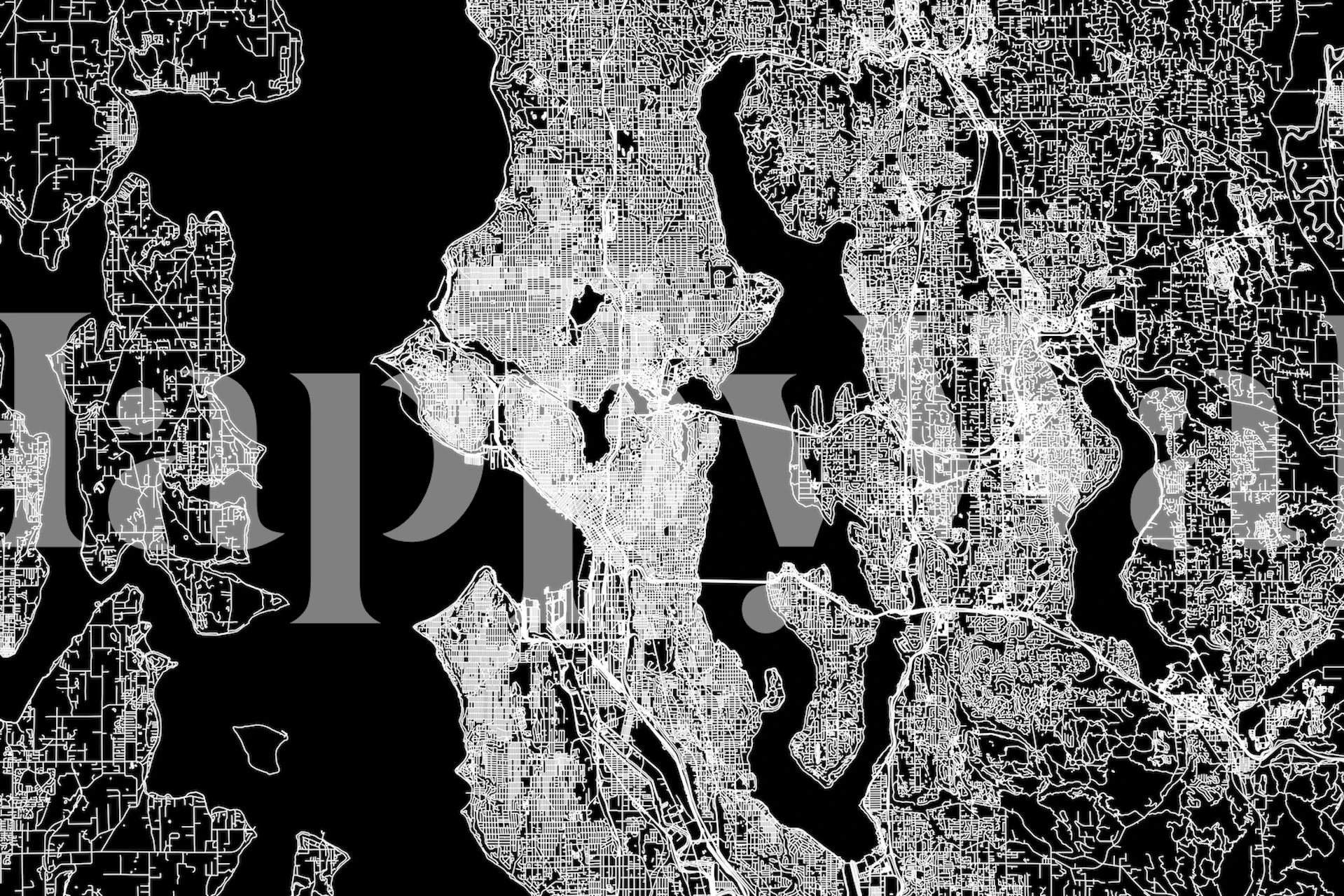 Black and white Seattle city map wallpaper with detailed street patterns