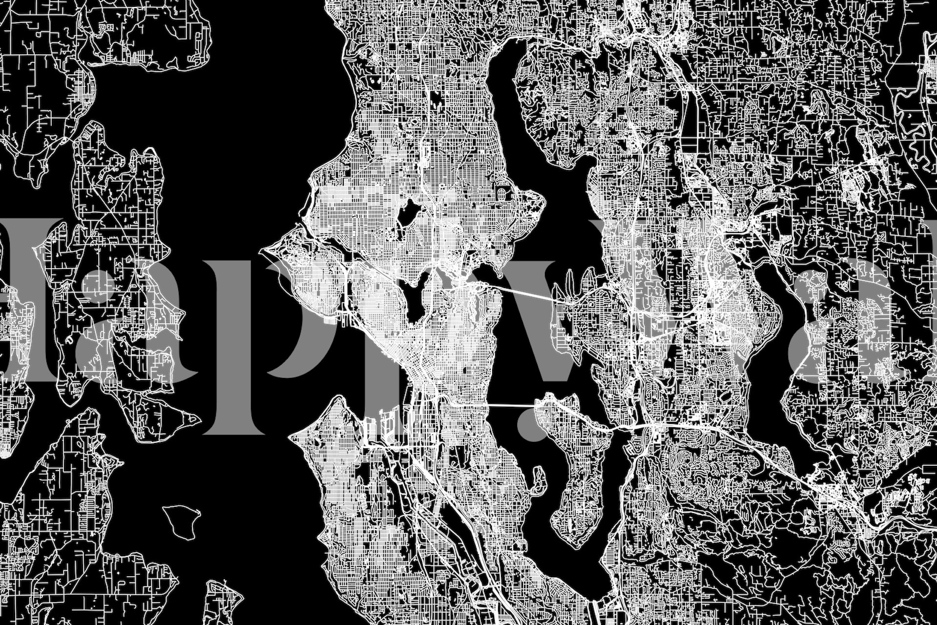 Black and white Seattle city map wallpaper with detailed street patterns