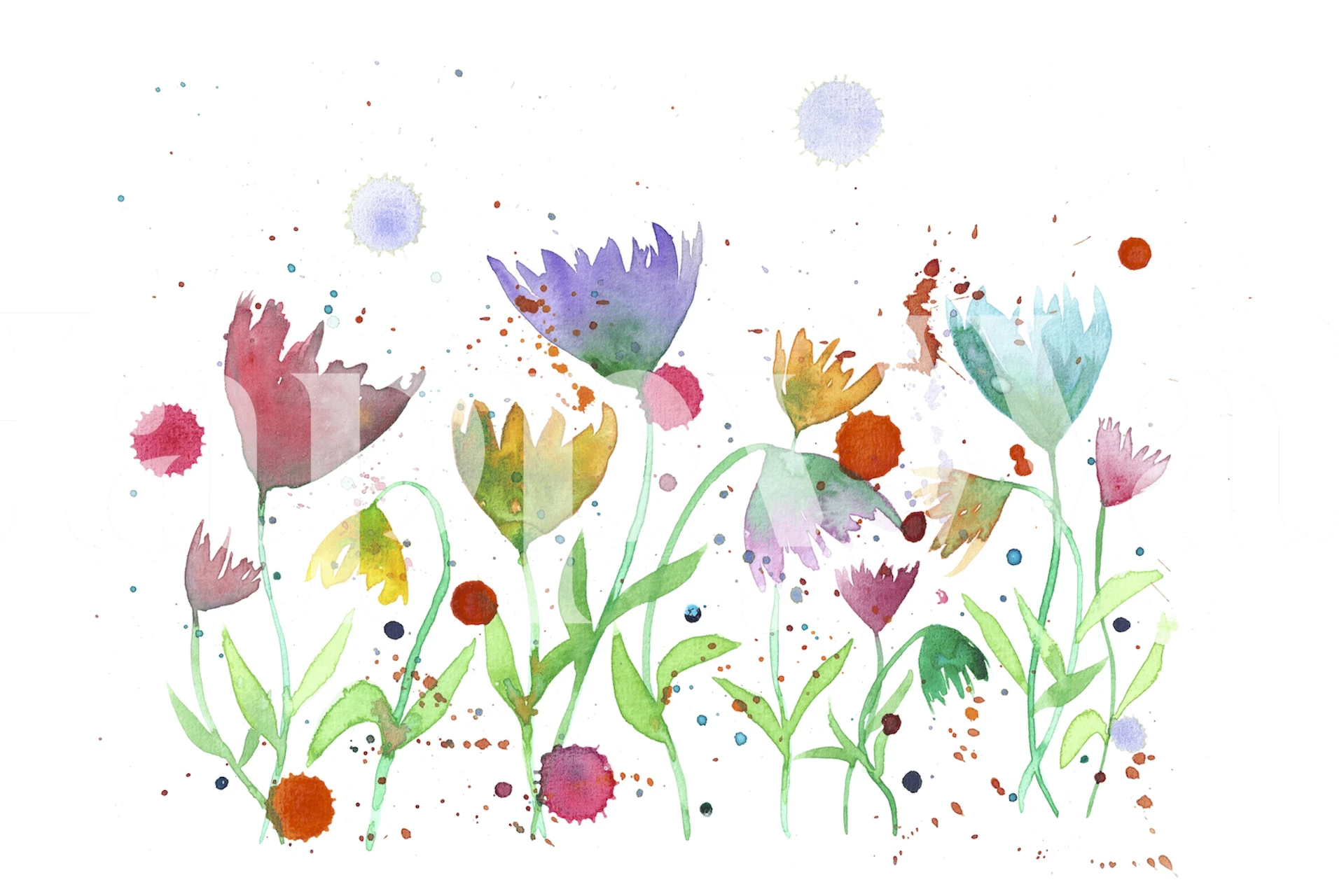Akvarellimaalaus hassuista kukkivista kukista eloisilla ja pehmeillä pastellisävyillä valkoista taustaa vasten.