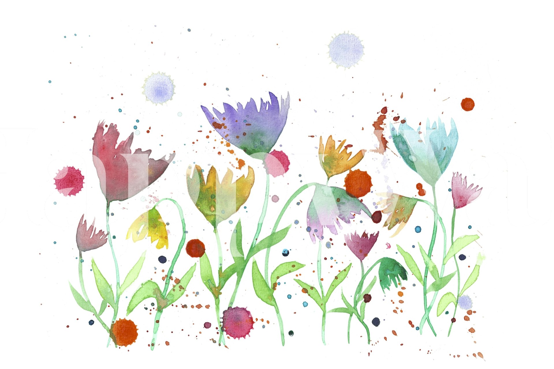 Colorful watercolor floral design with green stems, purple, orange, and pink flowers wallpaper