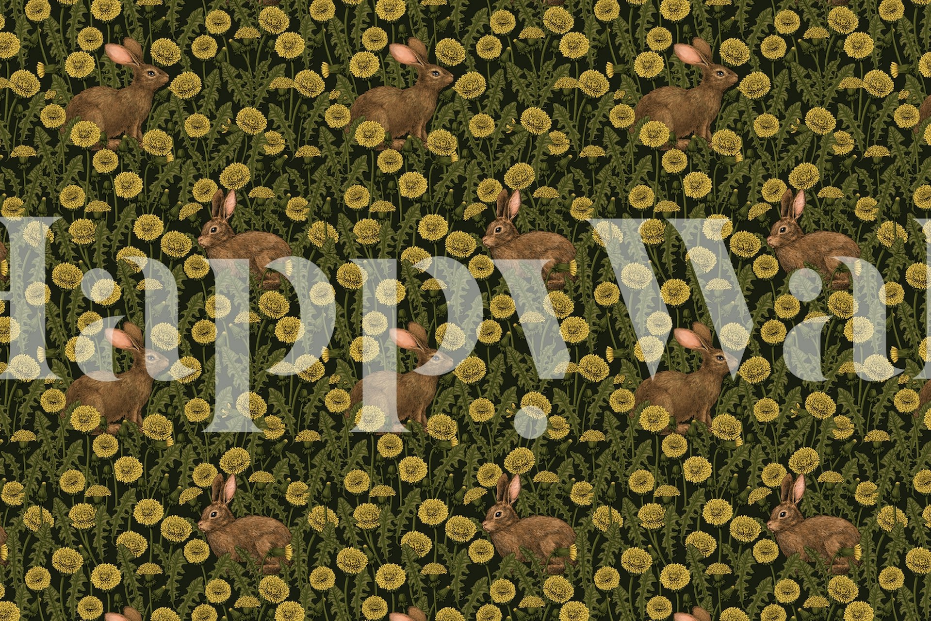 Brown rabbits amongst yellow dandelions on dark green background wallpaper